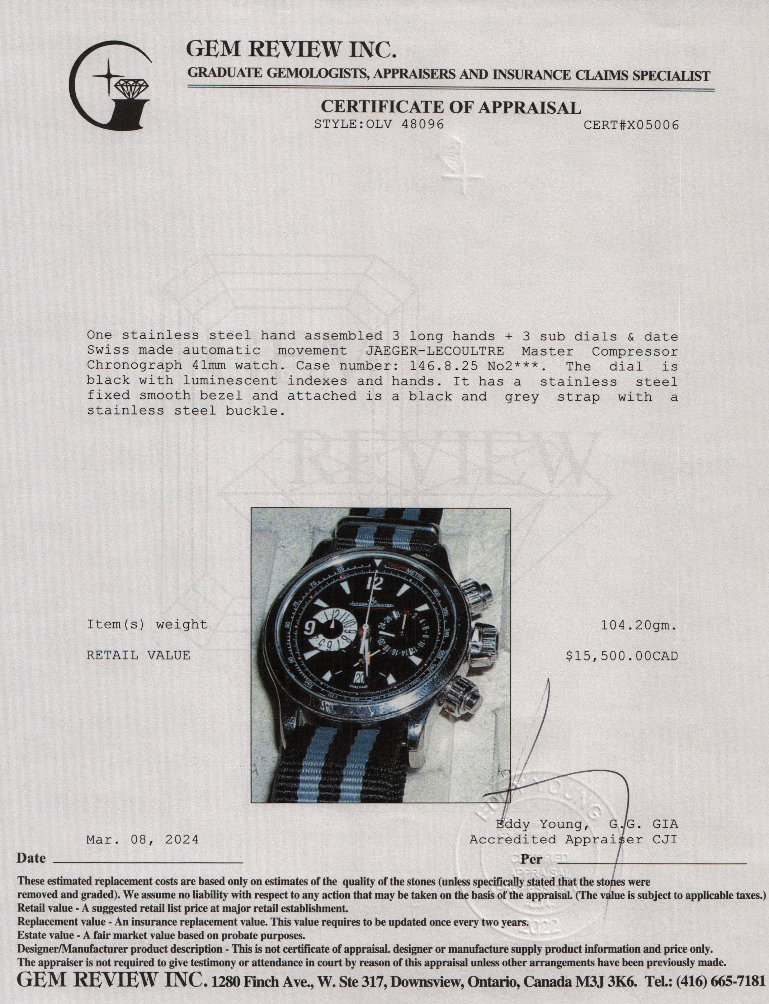 Jaeger LeCoultre Stainless Steel Master Compressor 41 MM Chronograph Automatic Watch w/ Box
