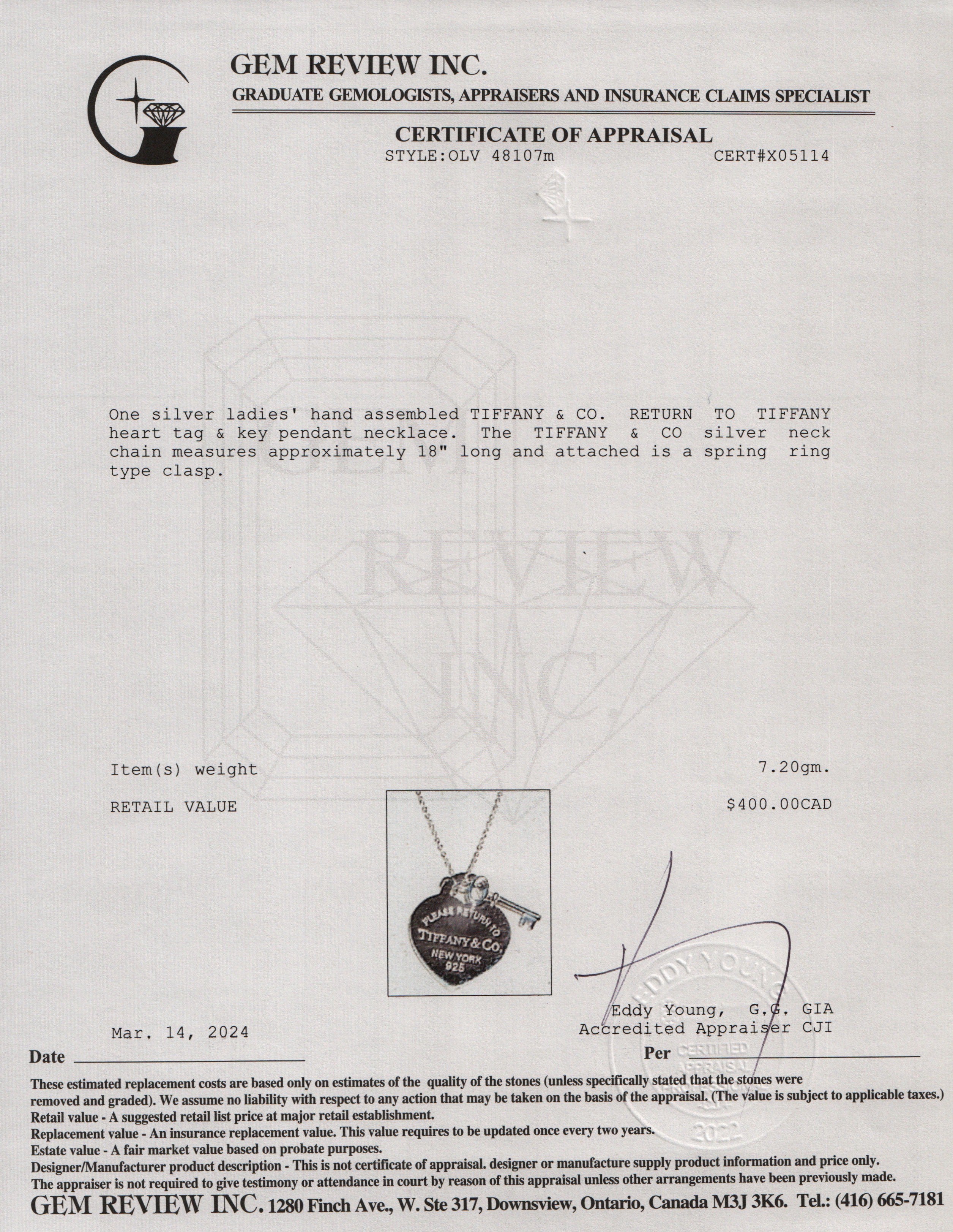Tiffany & Co. Sterling Silver Return to Tiffany Medium Heart Tag & Key Pendant Necklace w/ Box & Receipt