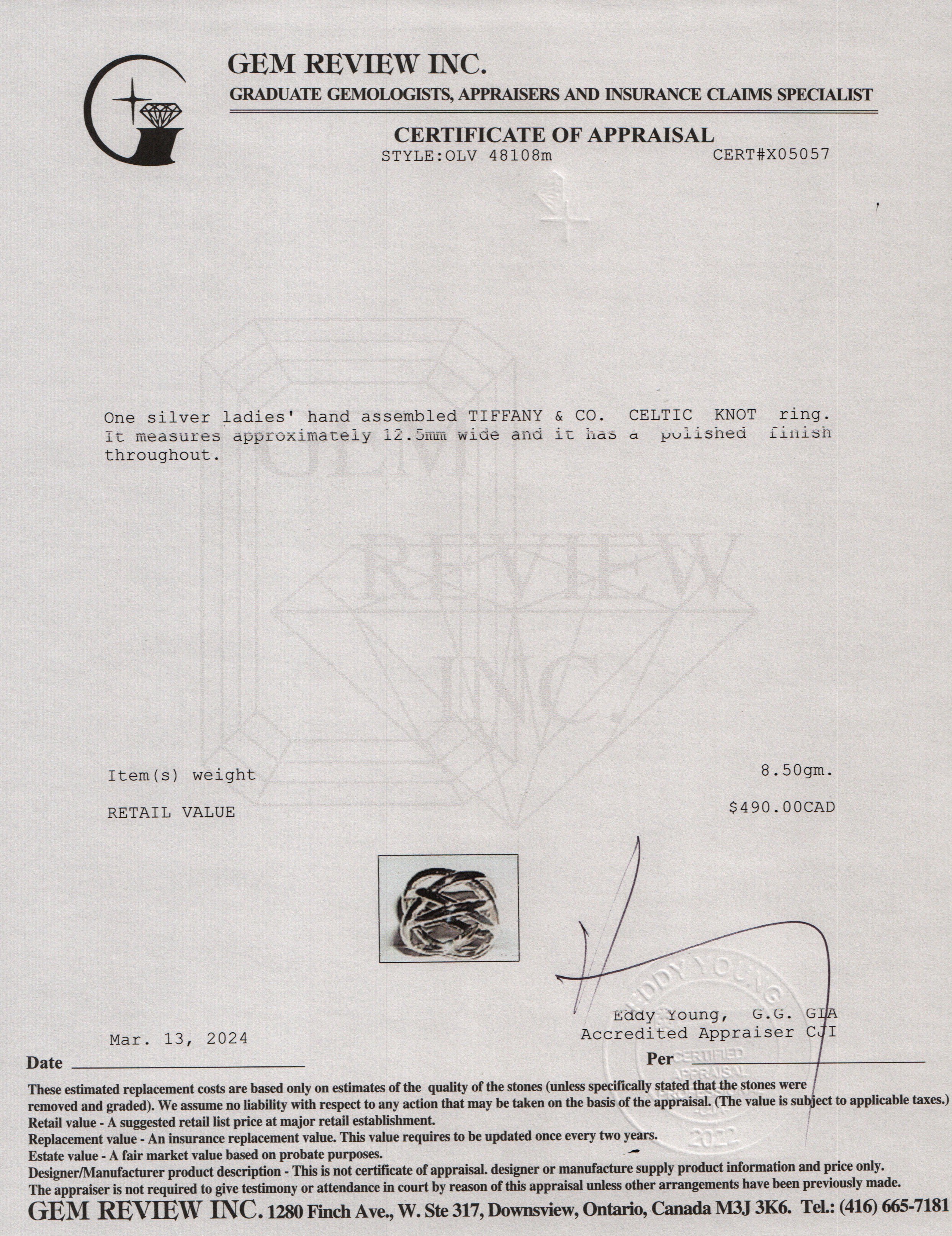 Tiffany & Co. Sterling Silver Celtic Knot Band, Ring Size 8.25