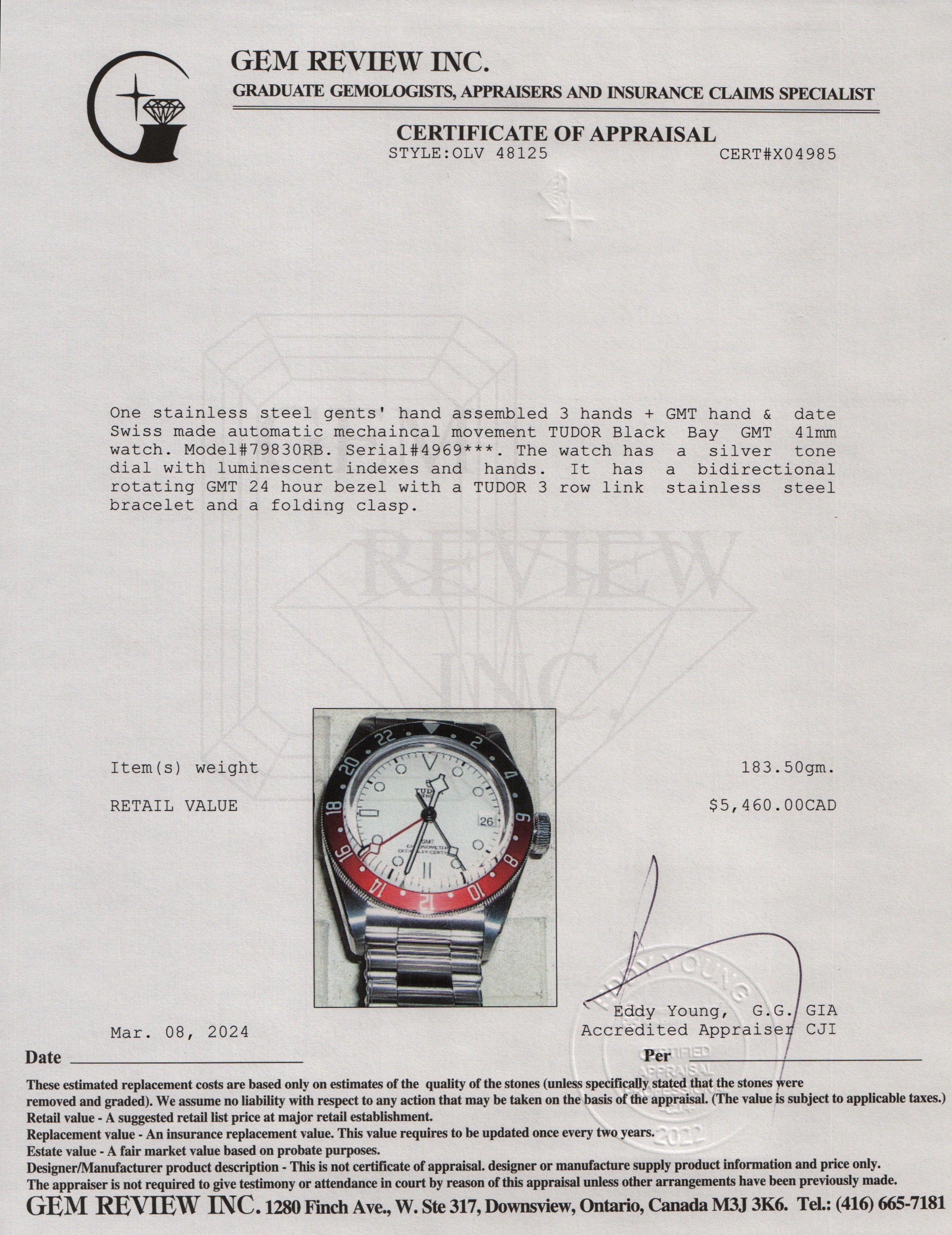 Tudor 2023 Stainless Steel Black Bay GMT 41 MM Automatic Watch w/ Box & Papers
