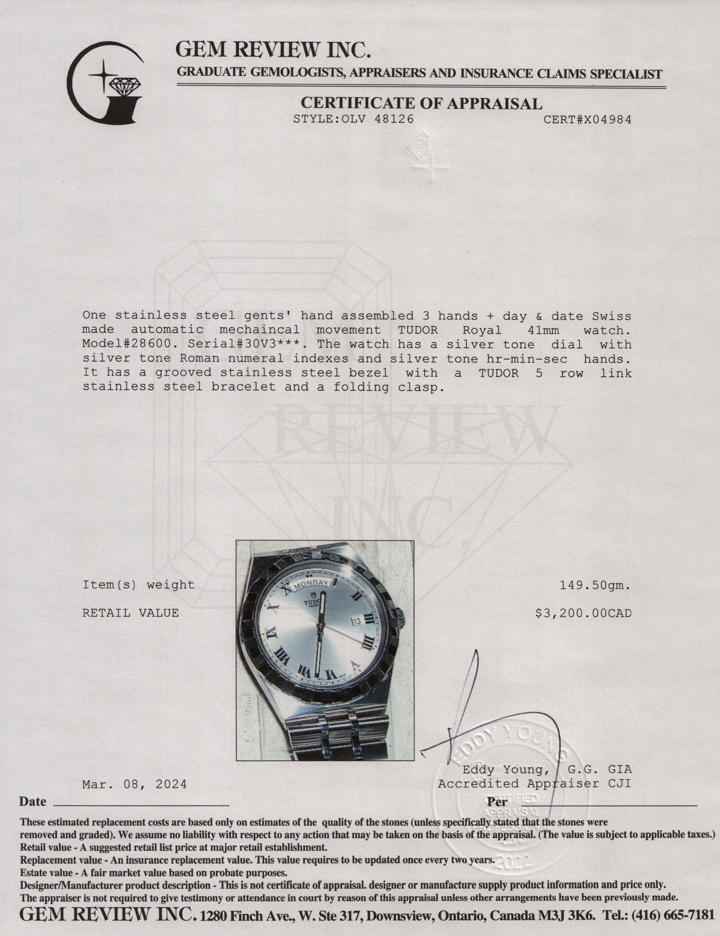 Tudor 2022 Stainless Steel Royal 41 MM Automatic Watch w/ Box & Papers