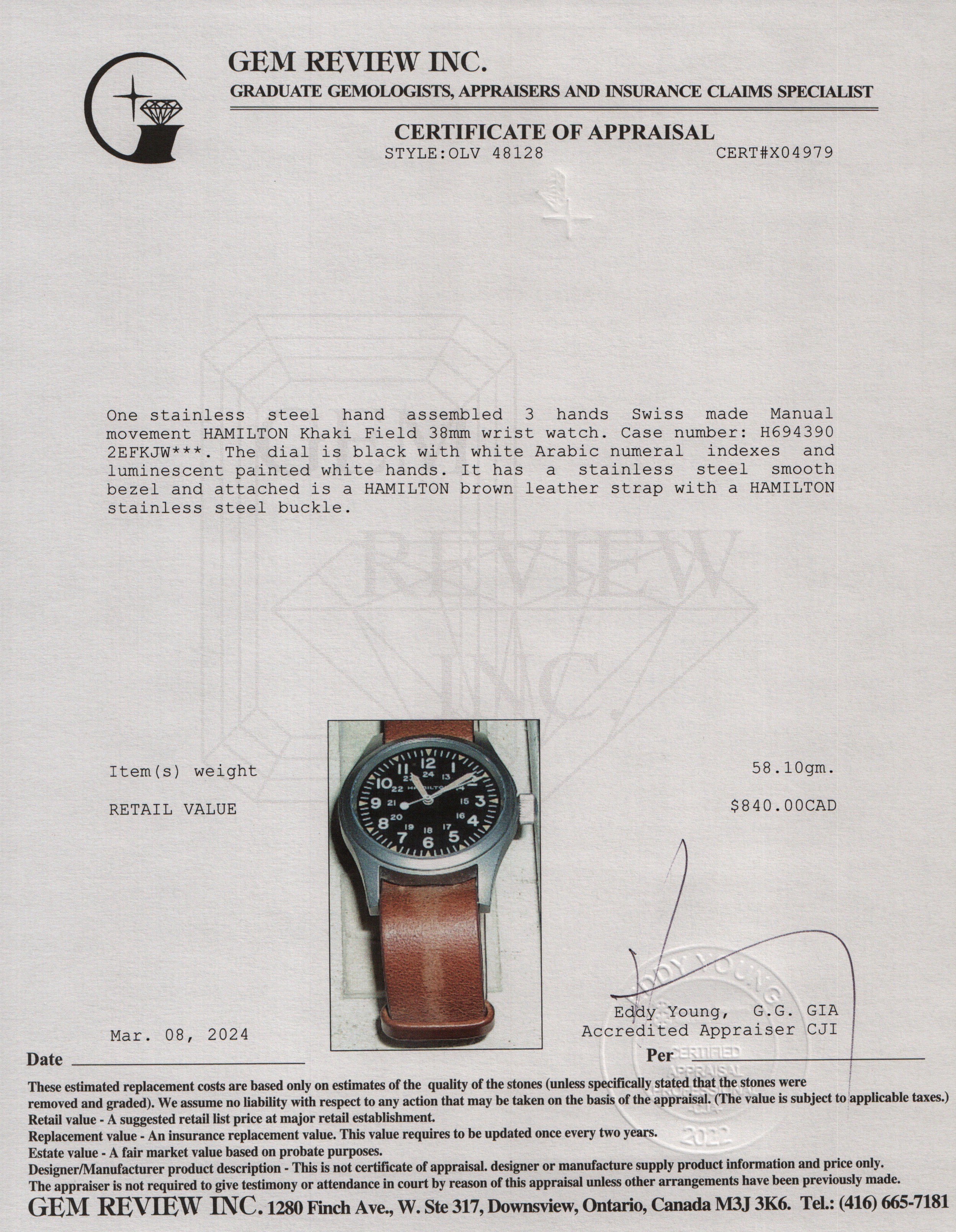 Hamilton Stainless Steel Khaki Field Mechanical 38 MM Watch w/ Box & Papers