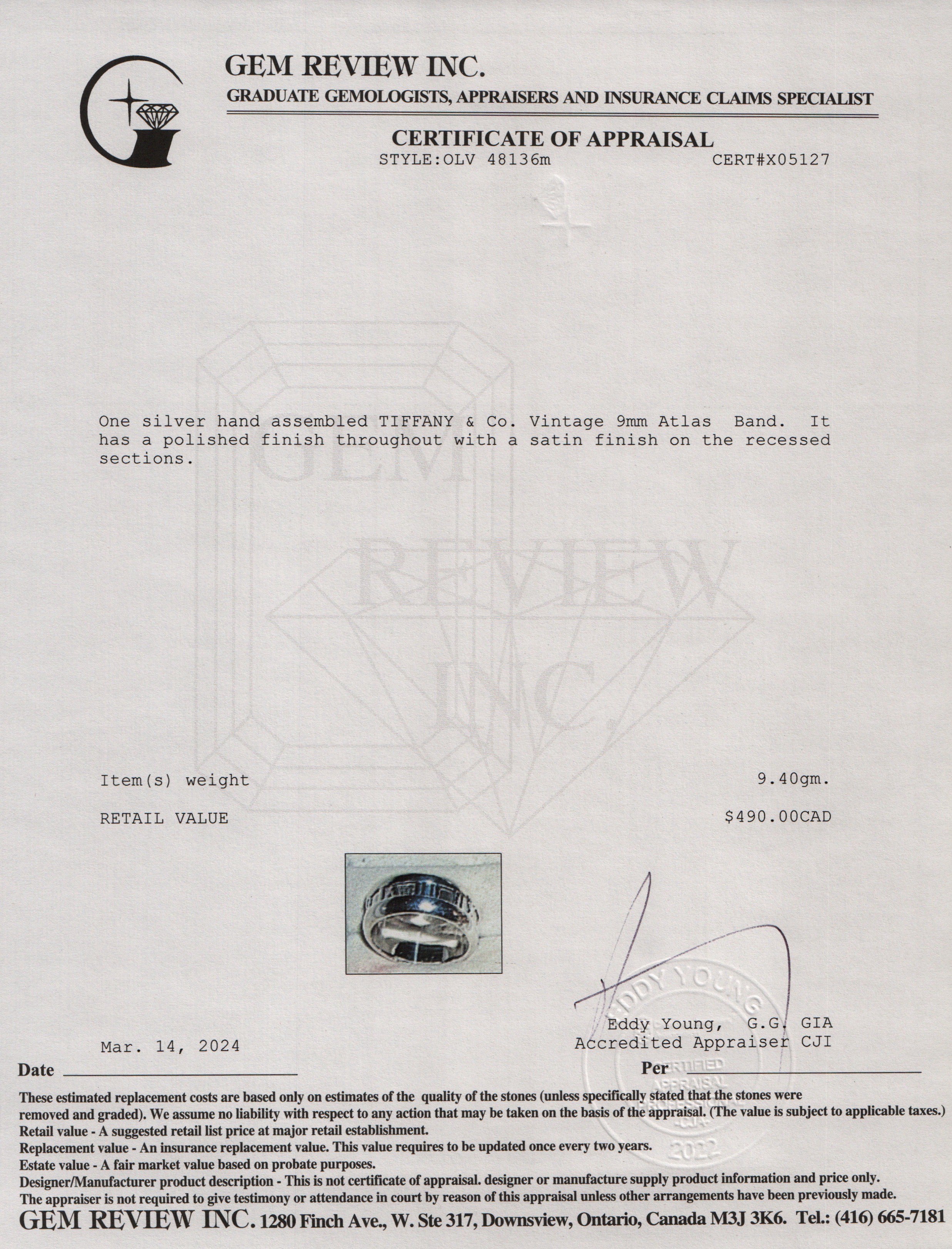 Tiffany & Co. Vintage Sterling Silver 9 MM Atlas Band, Size 10.5