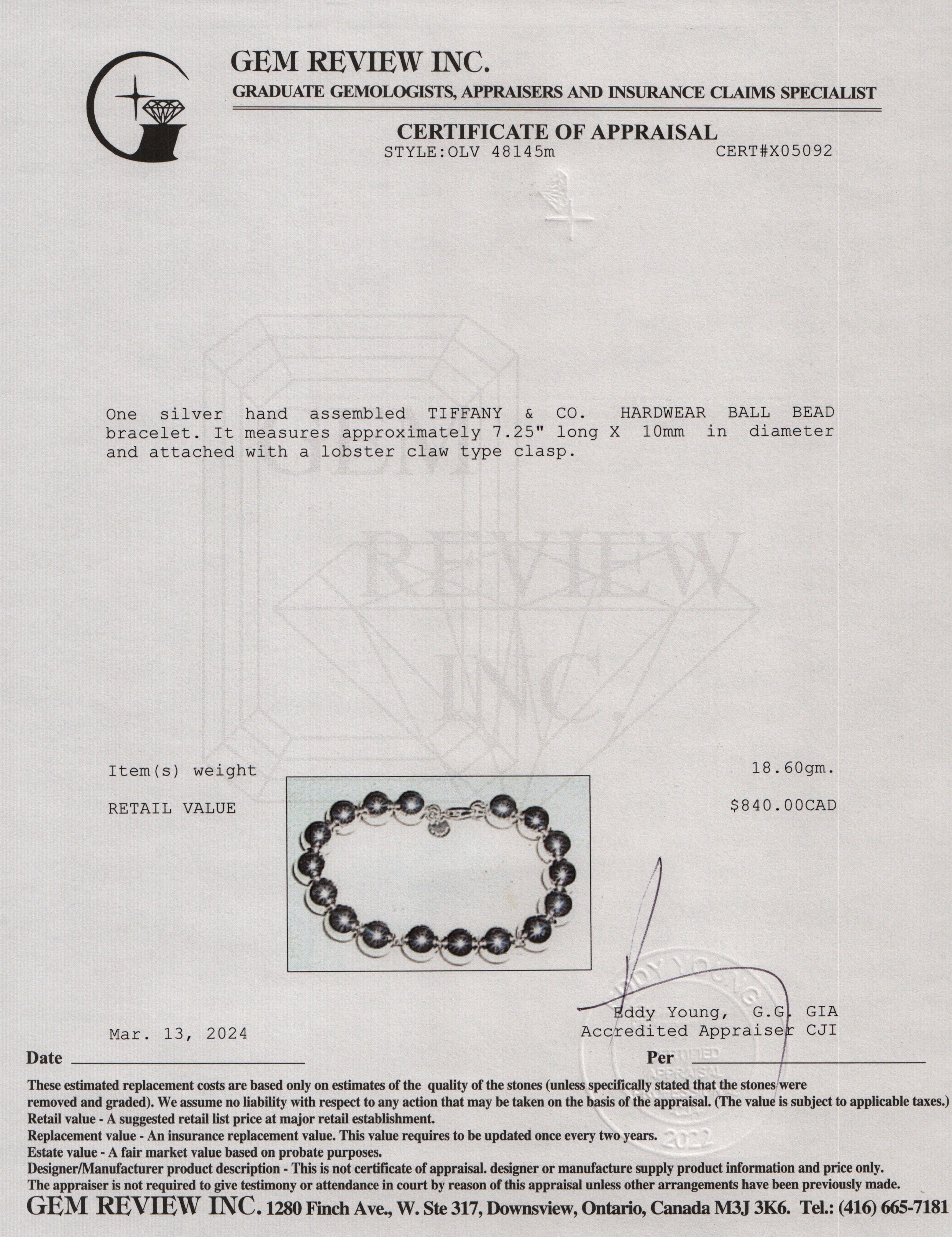 Tiffany & Co. Sterling Silver 10 MM HardWear Ball Bracelet