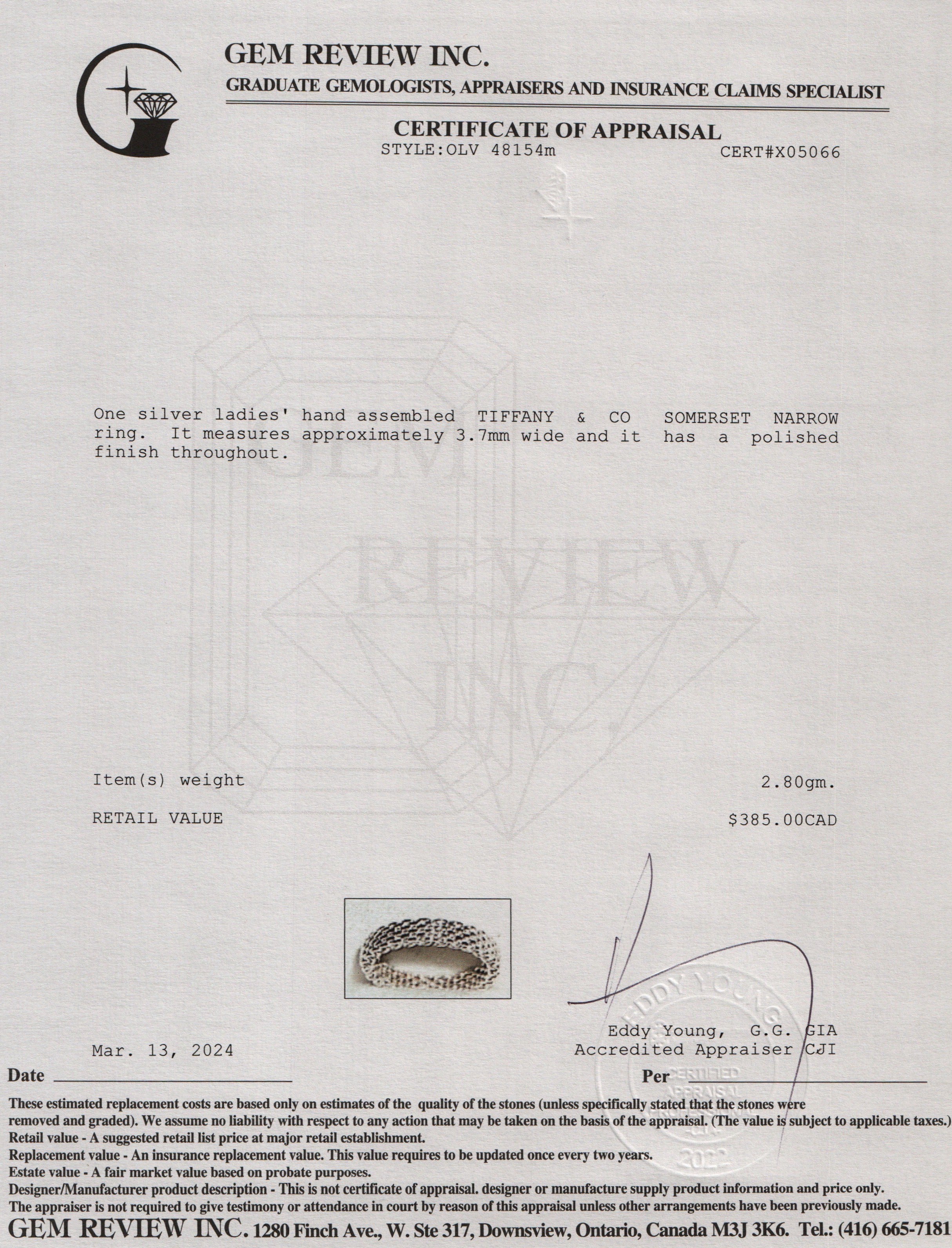 Tiffany & Co. Sterling Silver Narrow Somerset Ring, Size 6