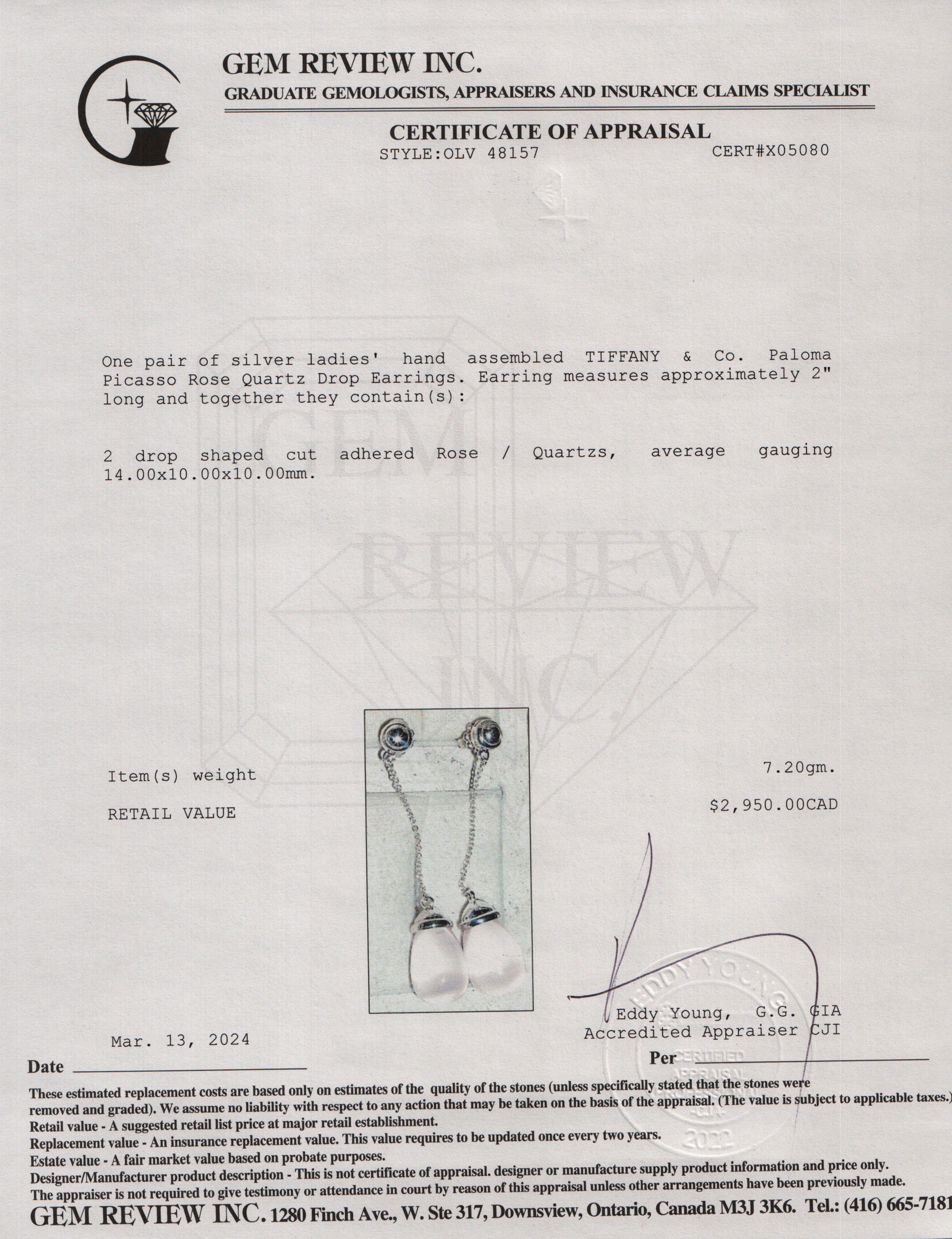 Tiffany & Co. Paloma Picasso Sterling Silver Rose Quartz Drop Earrings w/ Box