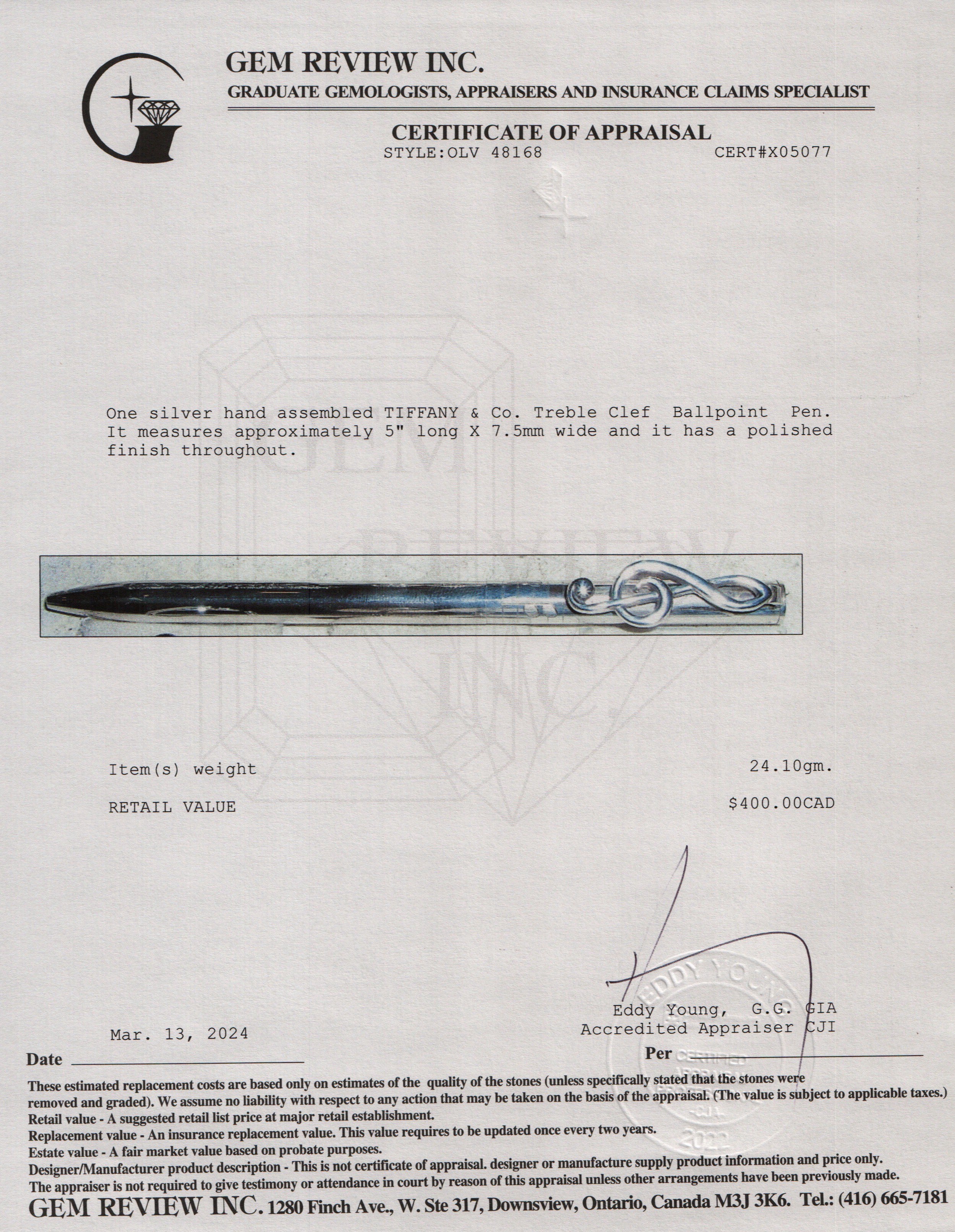 Tiffany & Co. Sterling Silver Treble Clef Ballpoint Pen w/ Box