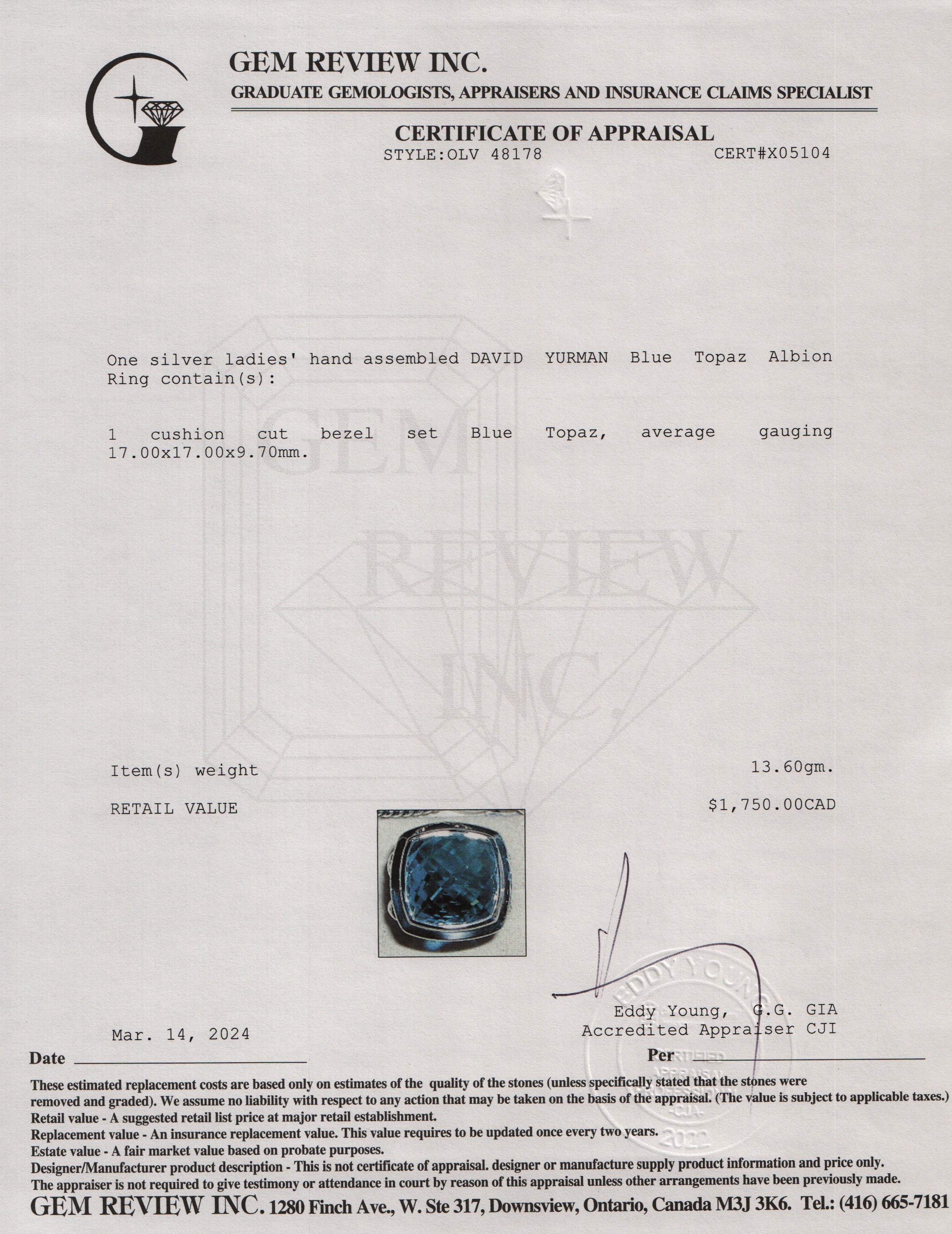 David Yurman Sterling Silver Blue Topaz Albion Ring, Size 6.25