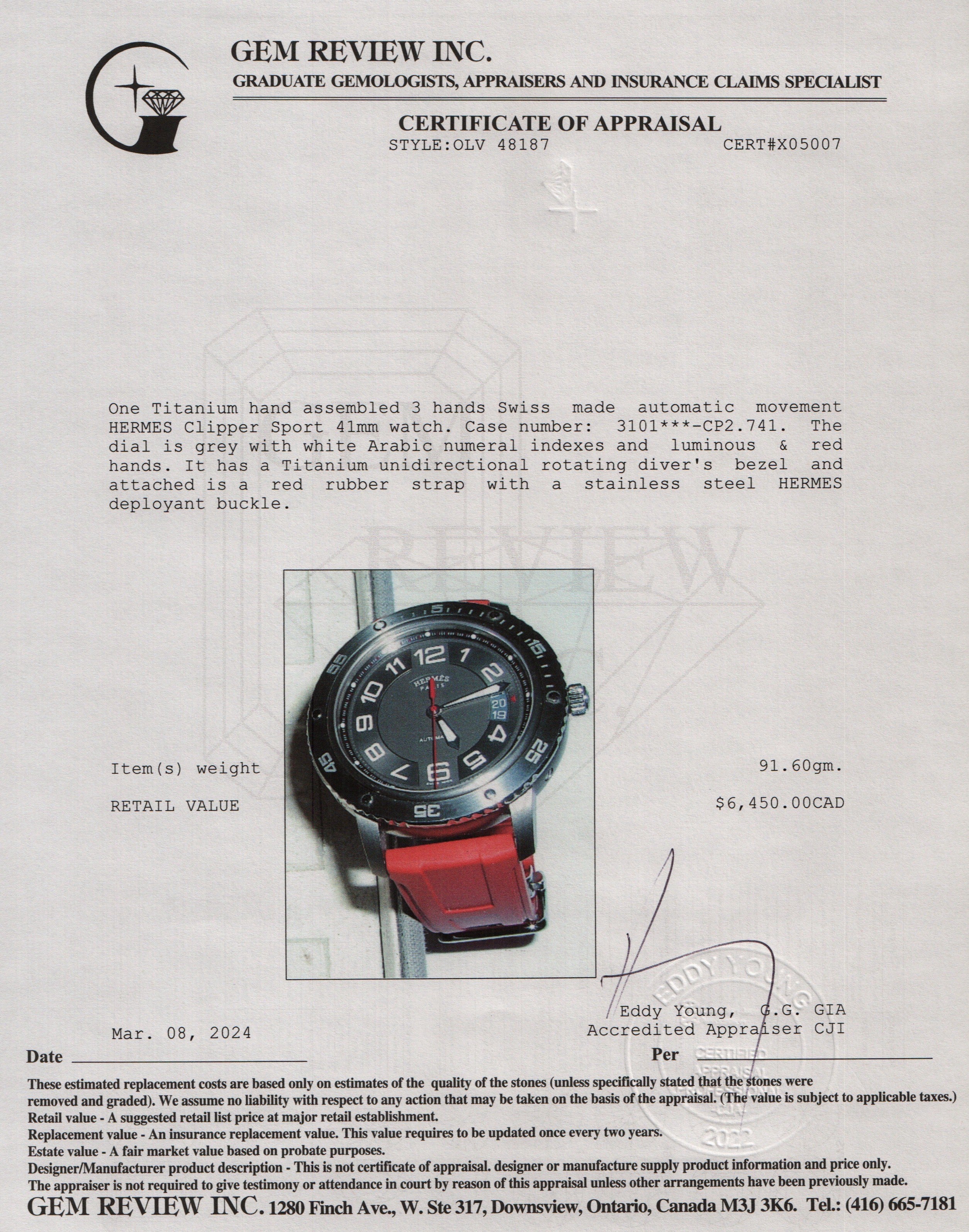 Hermes Titanium Clipper Sport Automatic 41 MM Watch