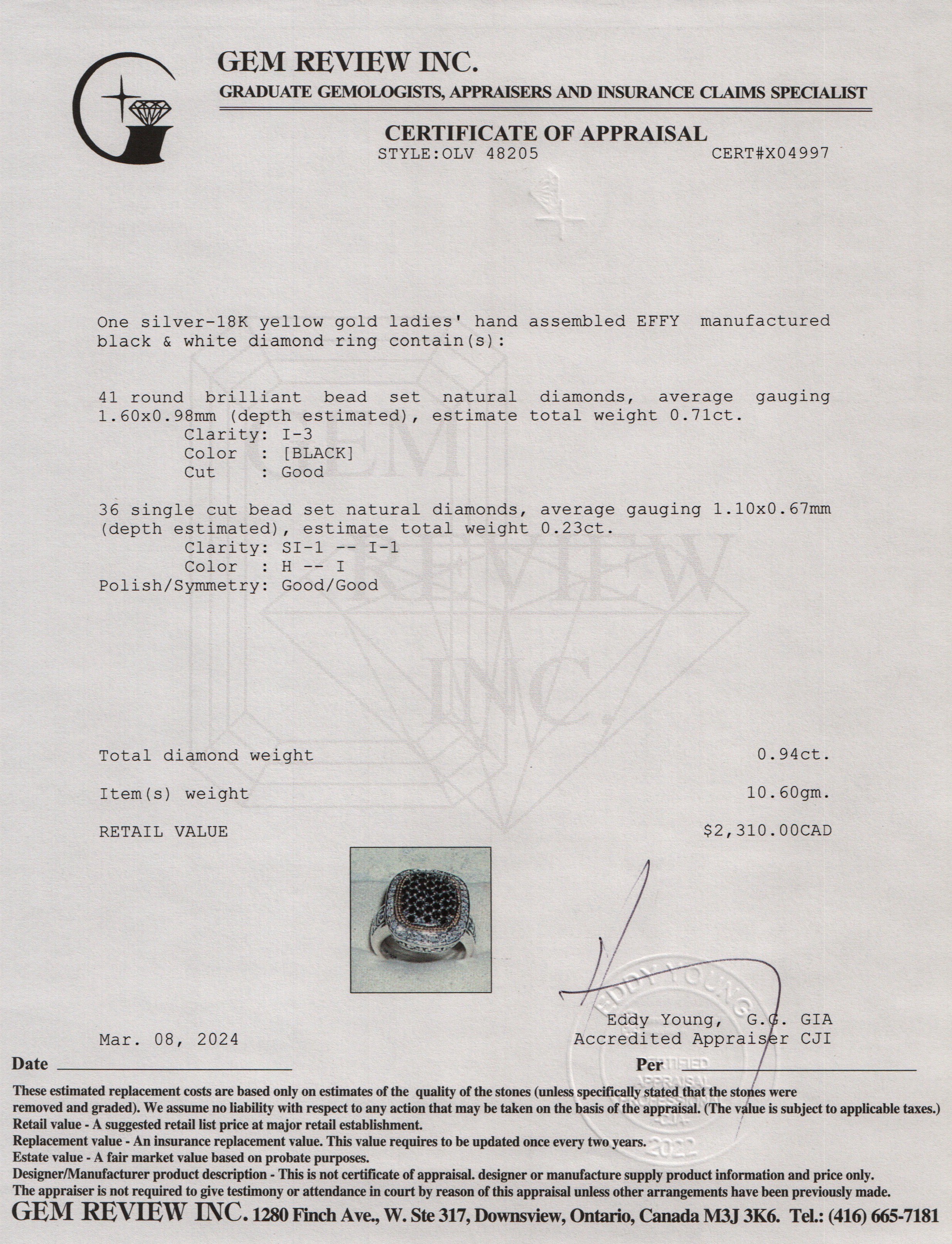 Effy Sterling Silver and 18k Yellow Gold Black & White Diamond Cocktail Ring, Size 7