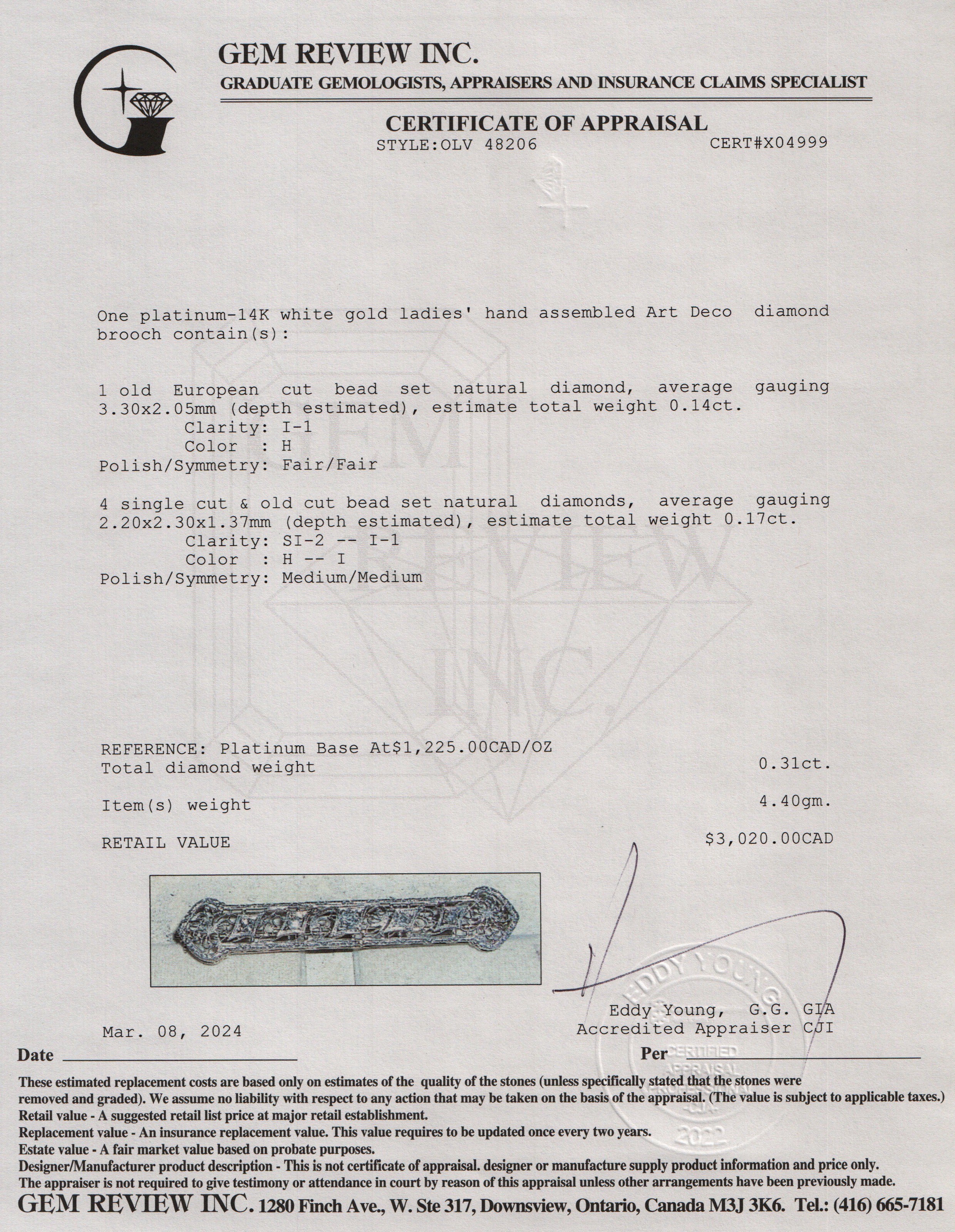 Antique Platinum & 14k White Gold Diamond Art Deco Brooch