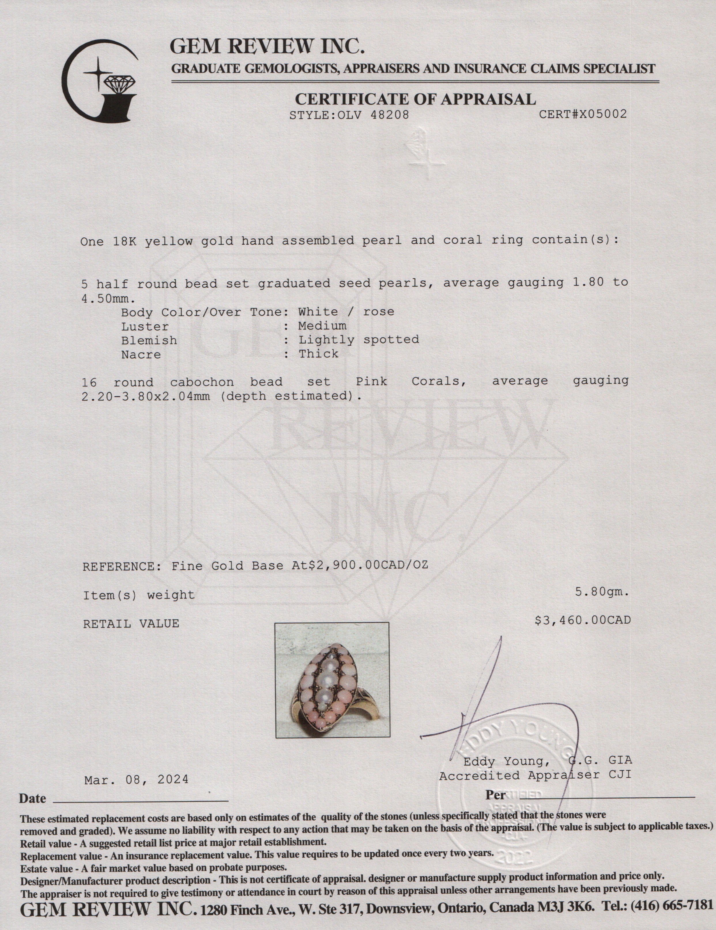 Antique 18k Yellow Gold Pearl & Coral Bead Ring, Size 4.5