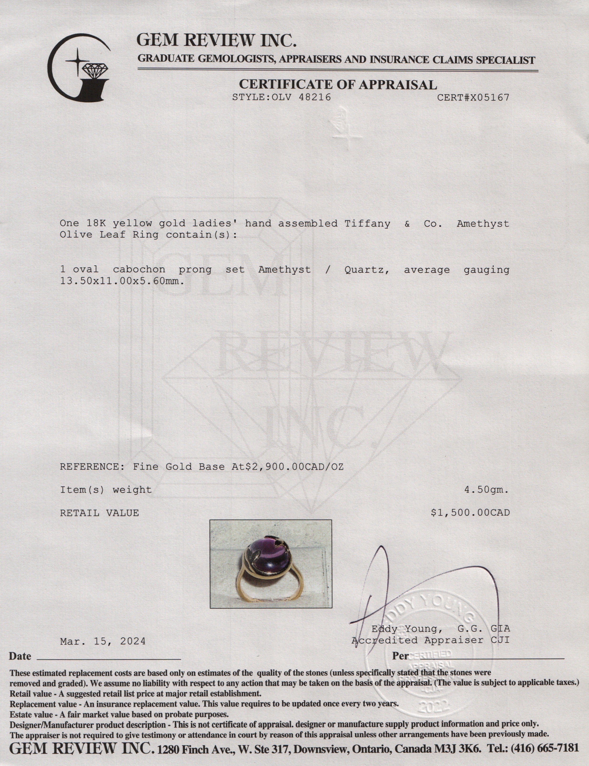 Tiffany & Co. 18k Yellow Gold Amethyst Olive Leaf Ring, Size 5 w/ Box