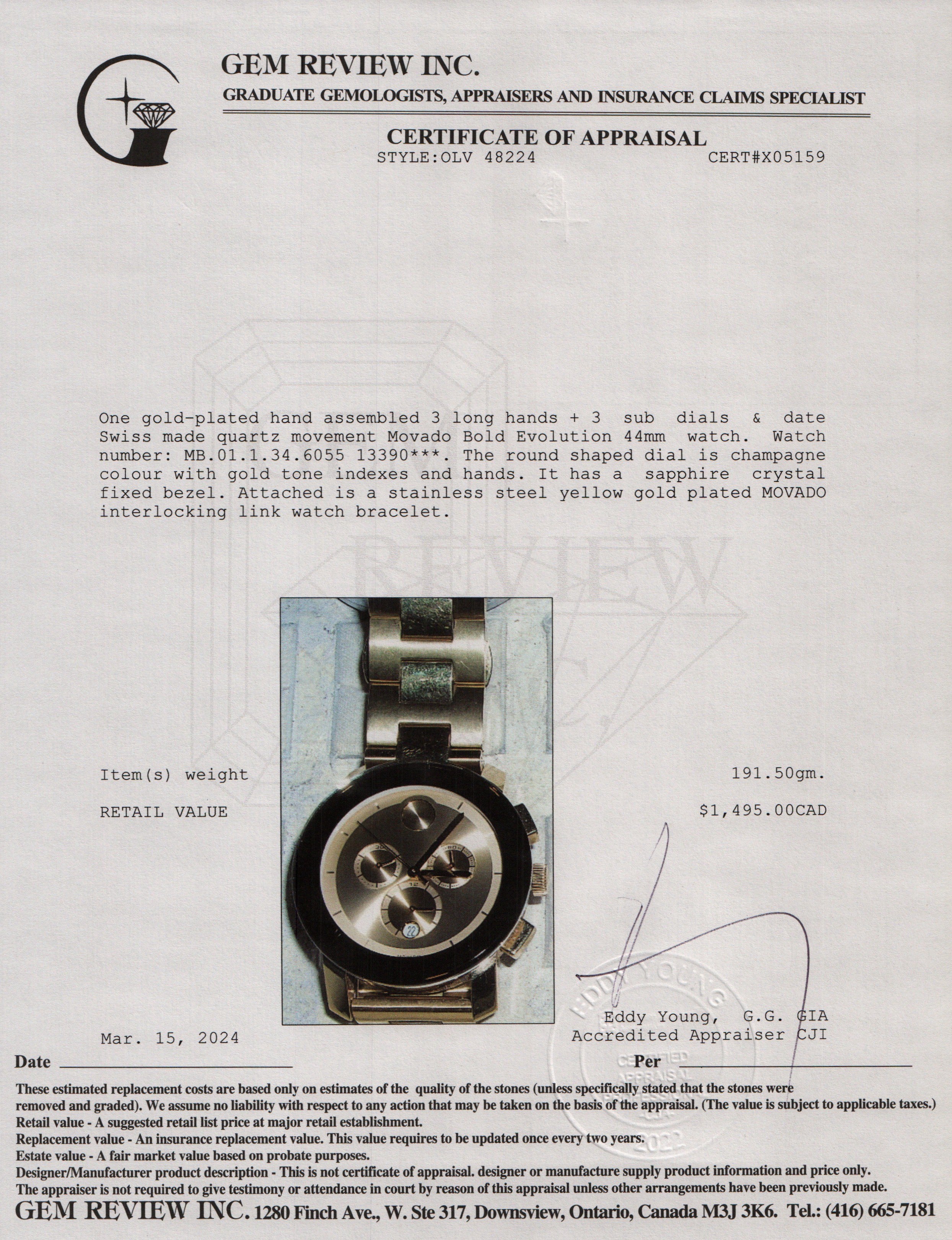 Movado Yellow Gold Plated Stainless Steel Bold Evolution 44 MM Watch w/ Box