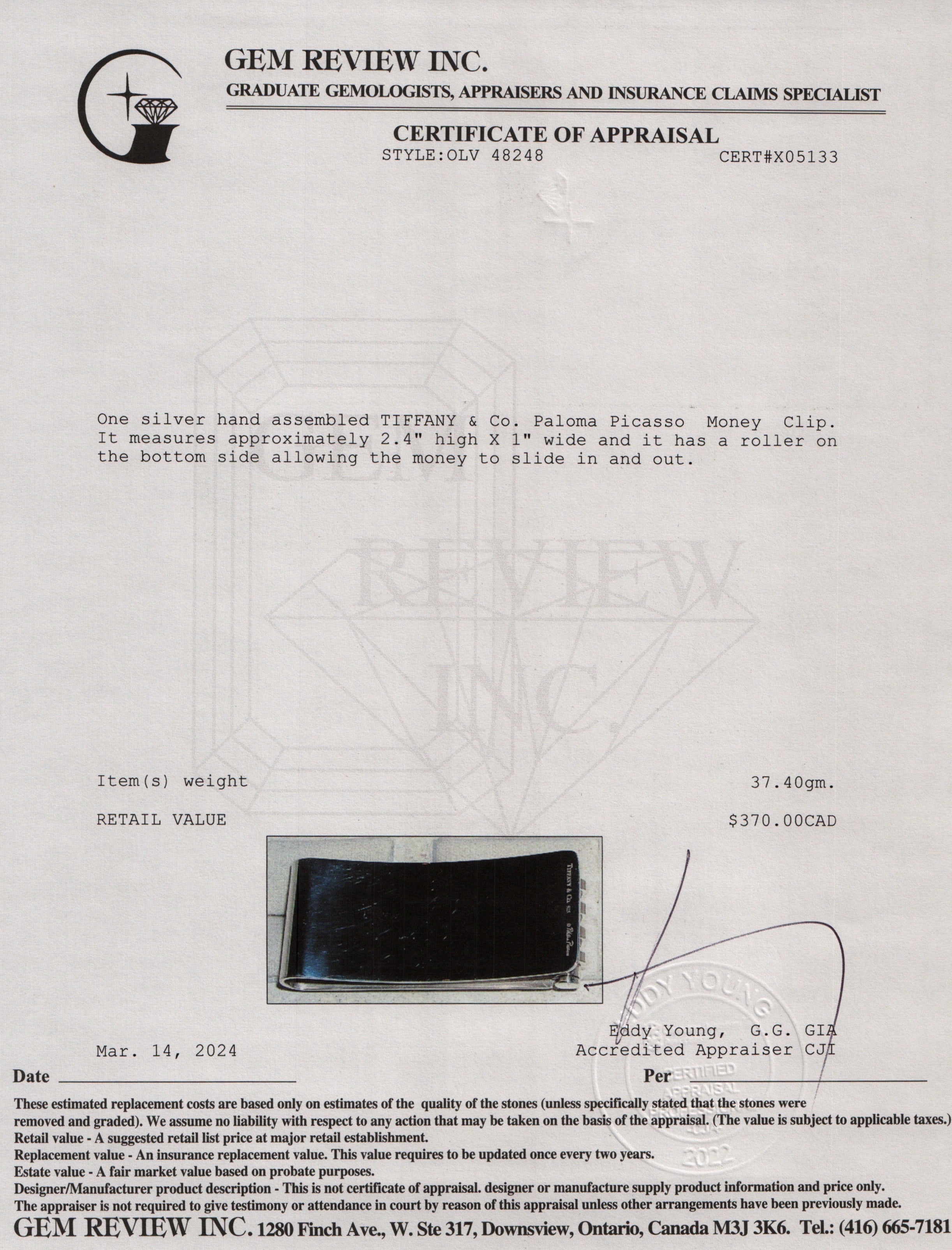 Tiffany & Co. Paloma Picasso Sterling Silver 1837 Money Clip