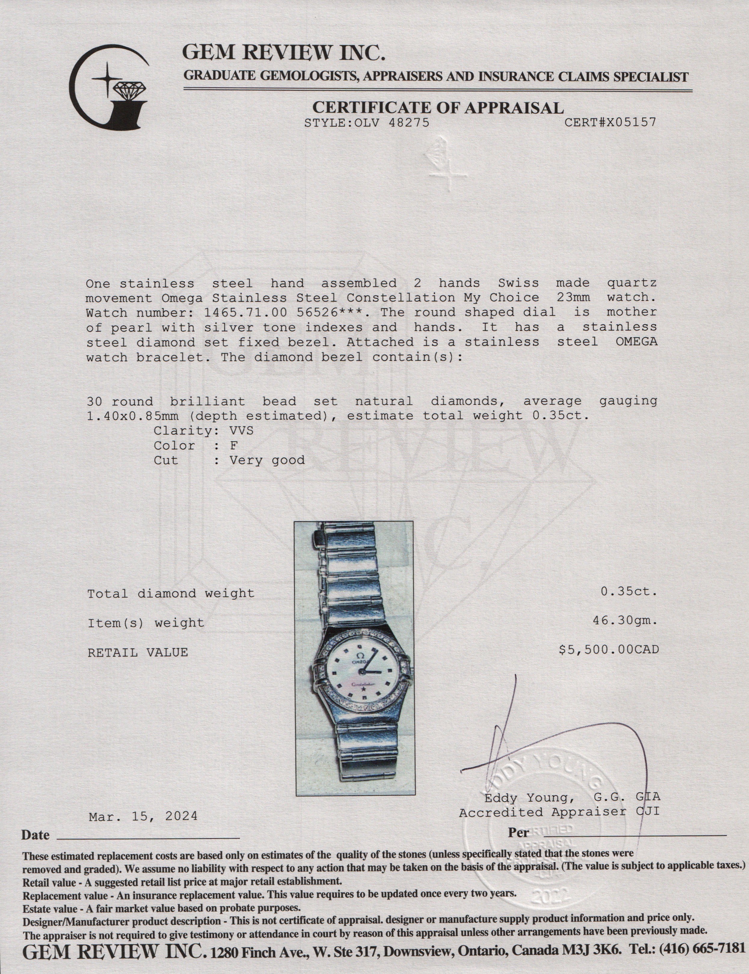 Omega Stainless Steel Constellation My Choice 23 MM Diamond Bezel Watch