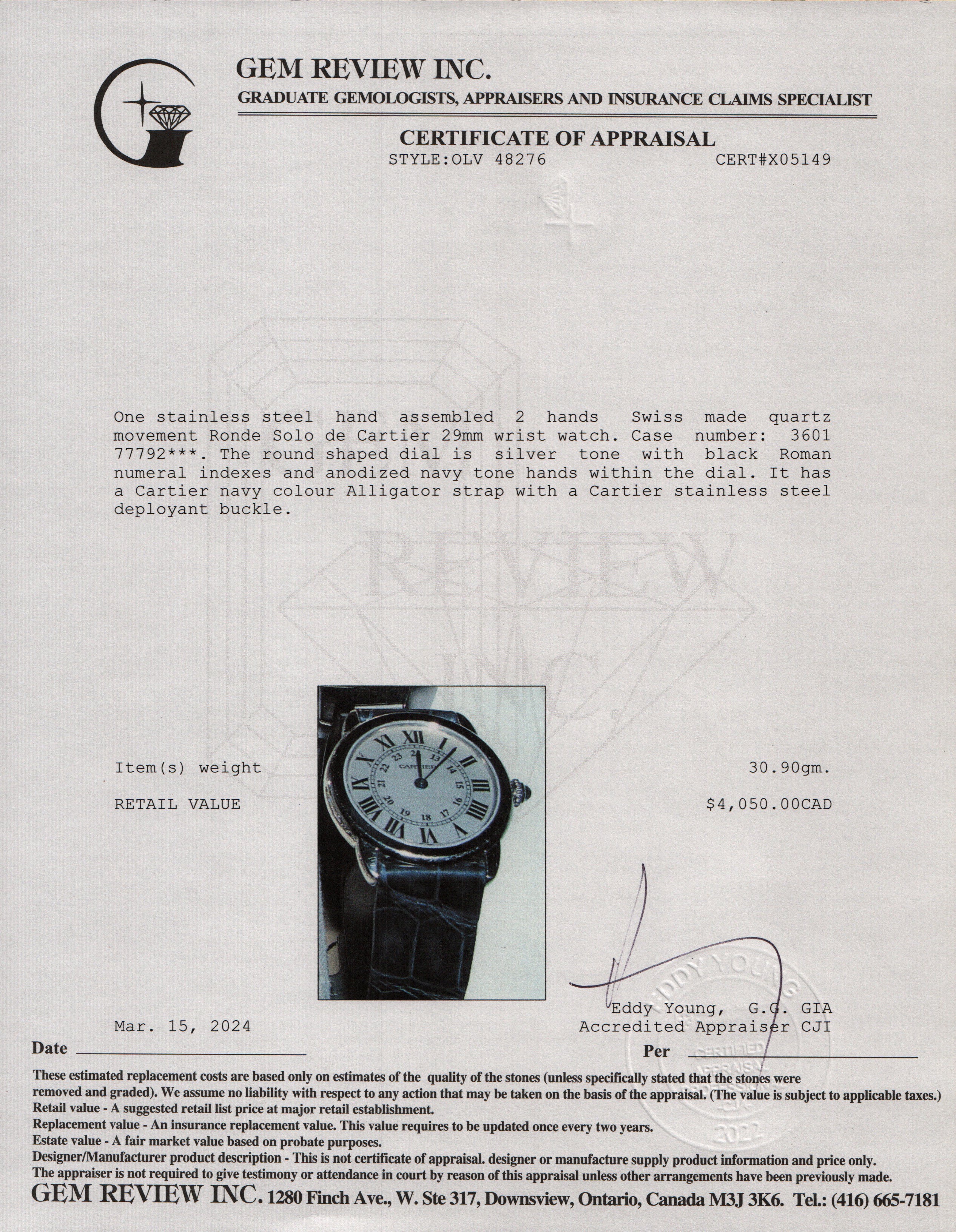 Cartier Stainless Steel Ronde Solo de Cartier 29 MM Watch w/ Box & Papers