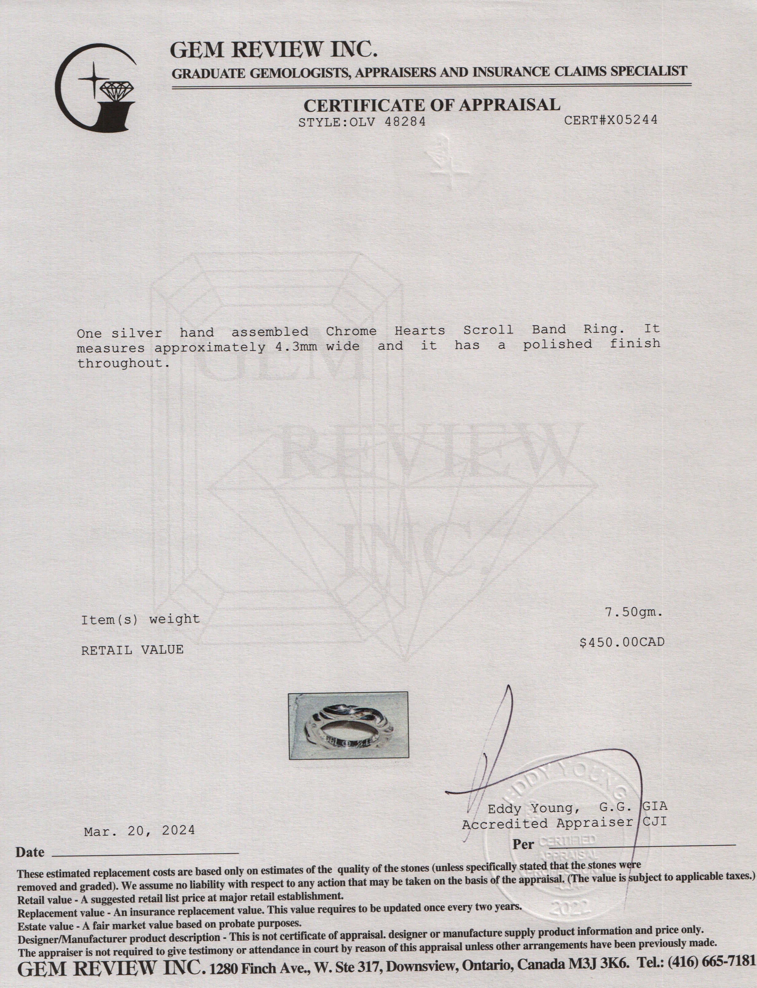 Chrome Hearts Sterling Silver Scroll Band Ring, Size 5