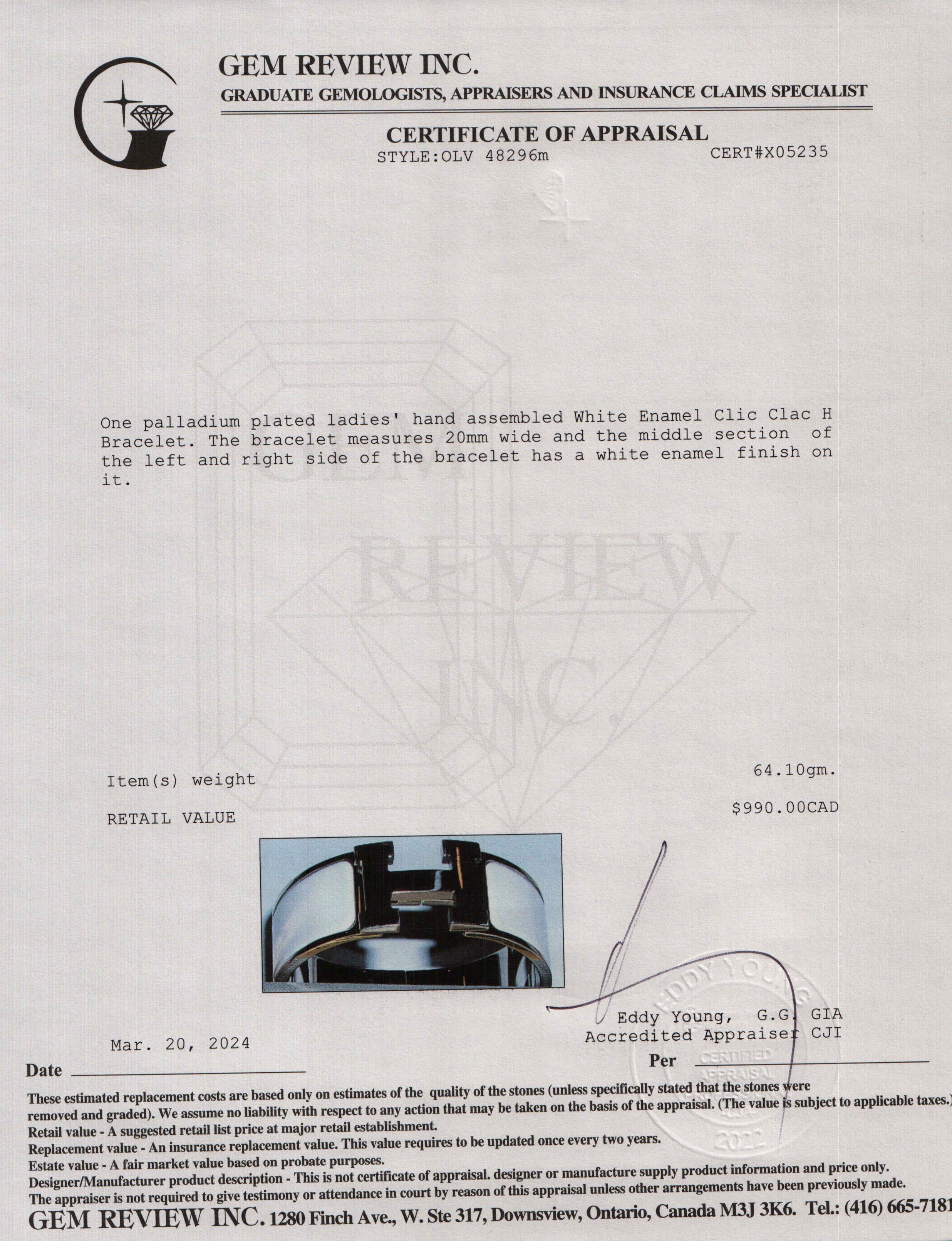 Hermes Palladium-Plated White Enamel Clic Clac H Bracelet w/ Box