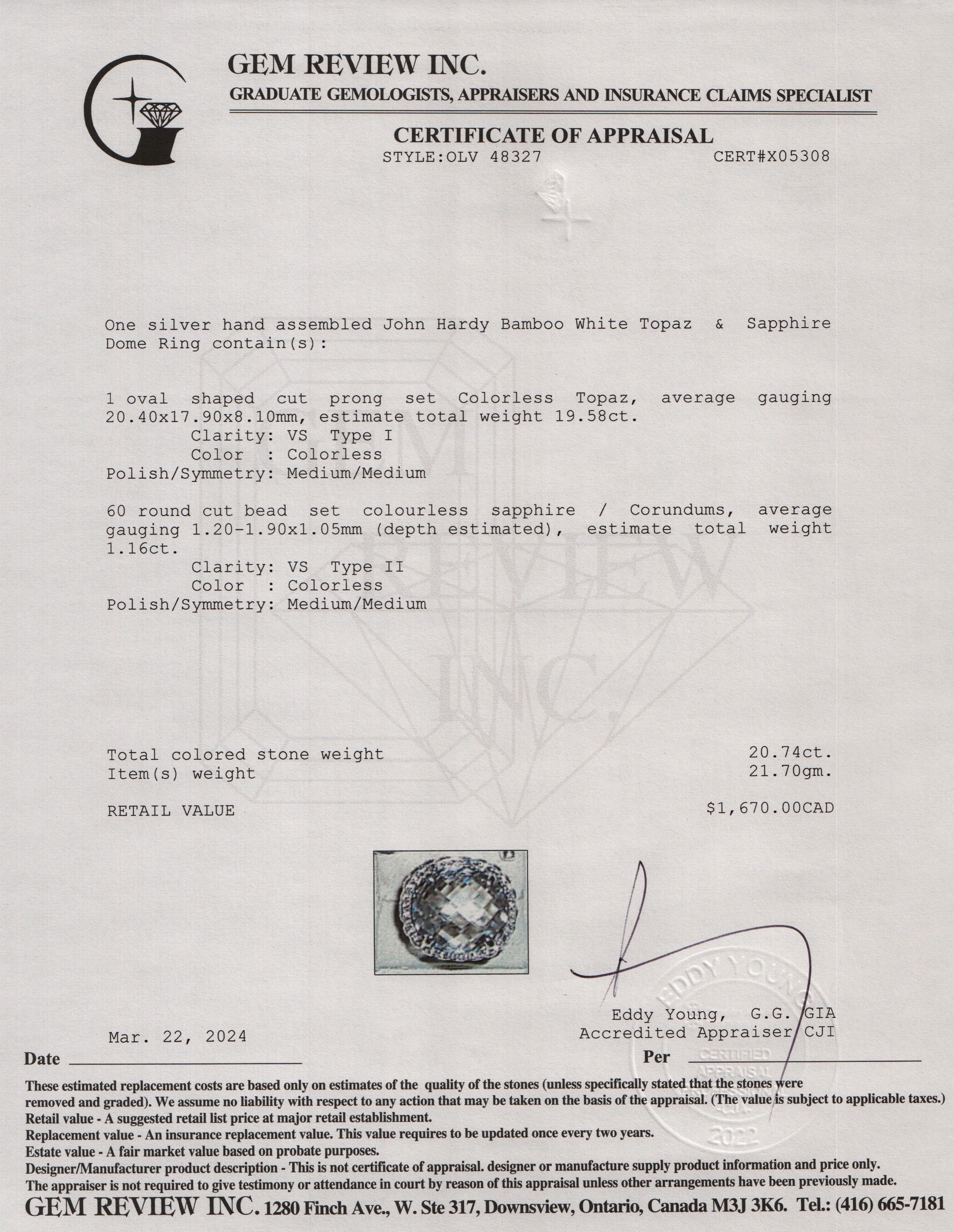 John Hardy Sterling Silver Bamboo White Topaz & Sapphire Dome Ring, Size 7