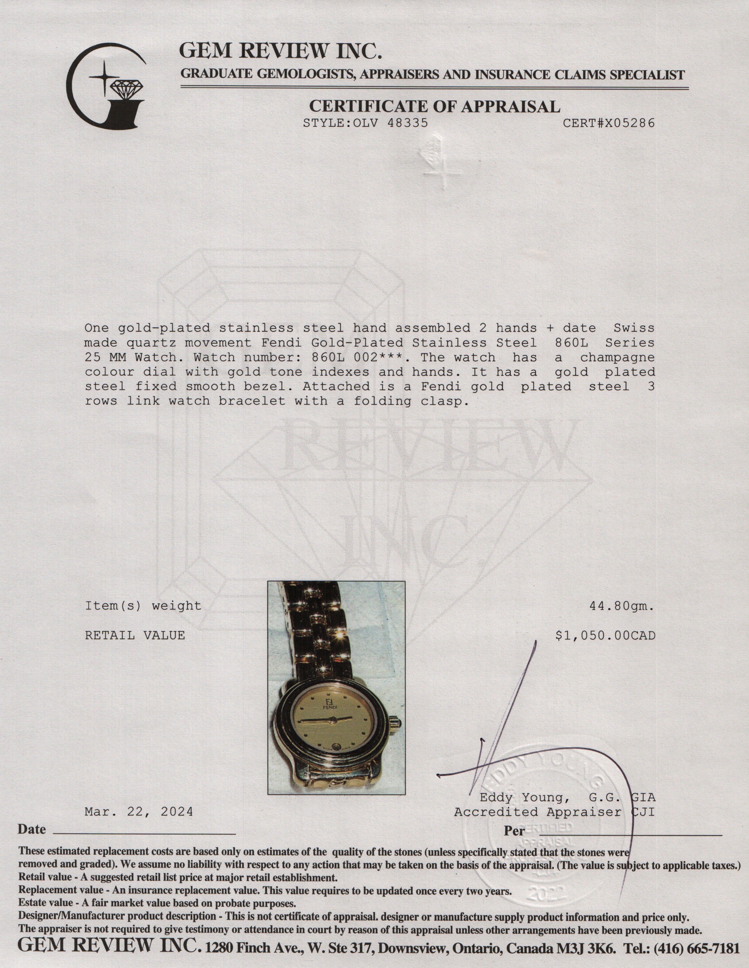 Fendi Gold-Plated Stainless Steel 860L Series 25 MM Watch w/ Box & 2 Bezels