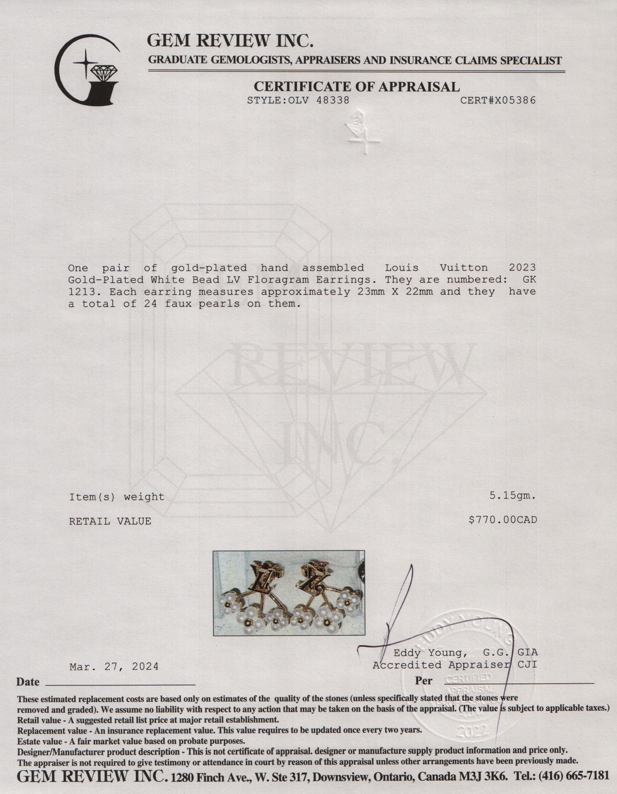 Louis Vuitton 2023 Gold-Plated White Bead LV Floragram Earrings w/ Box