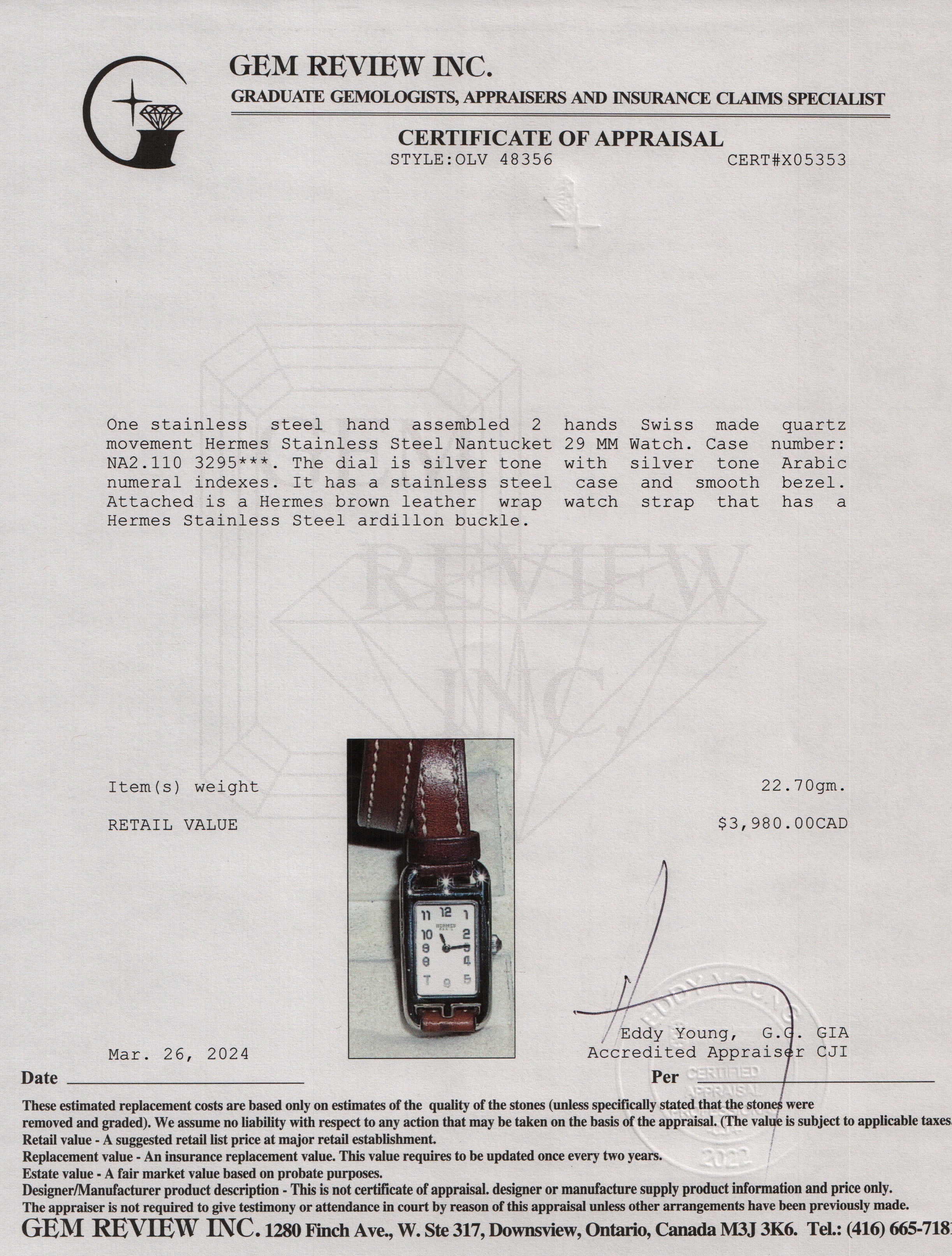 Hermes Stainless Steel Nantucket 29 MM Watch, Small Model w/ Box & Extra Straps