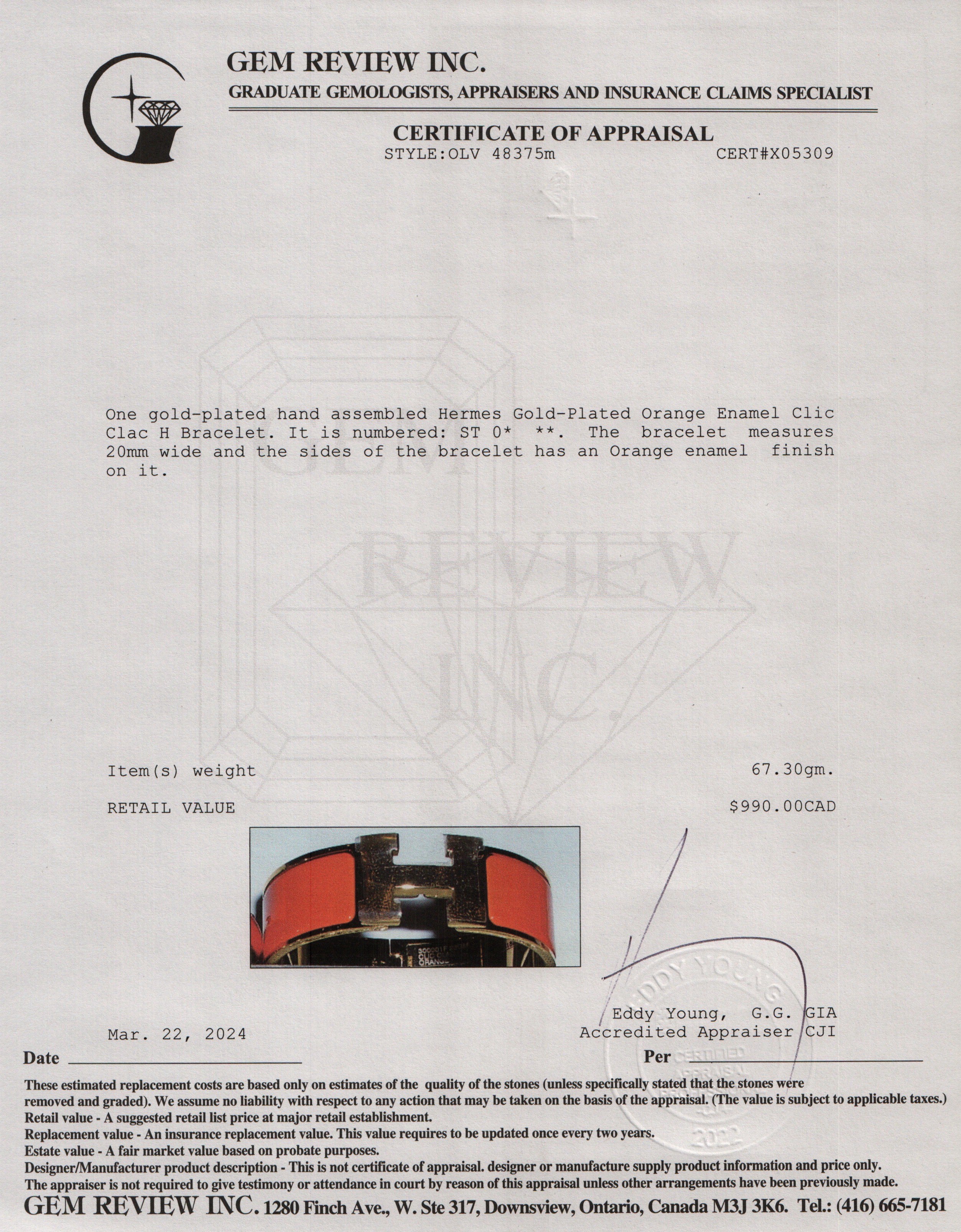 Hermes Gold-Plated Orange Enamel Clic Clac H Bracelet