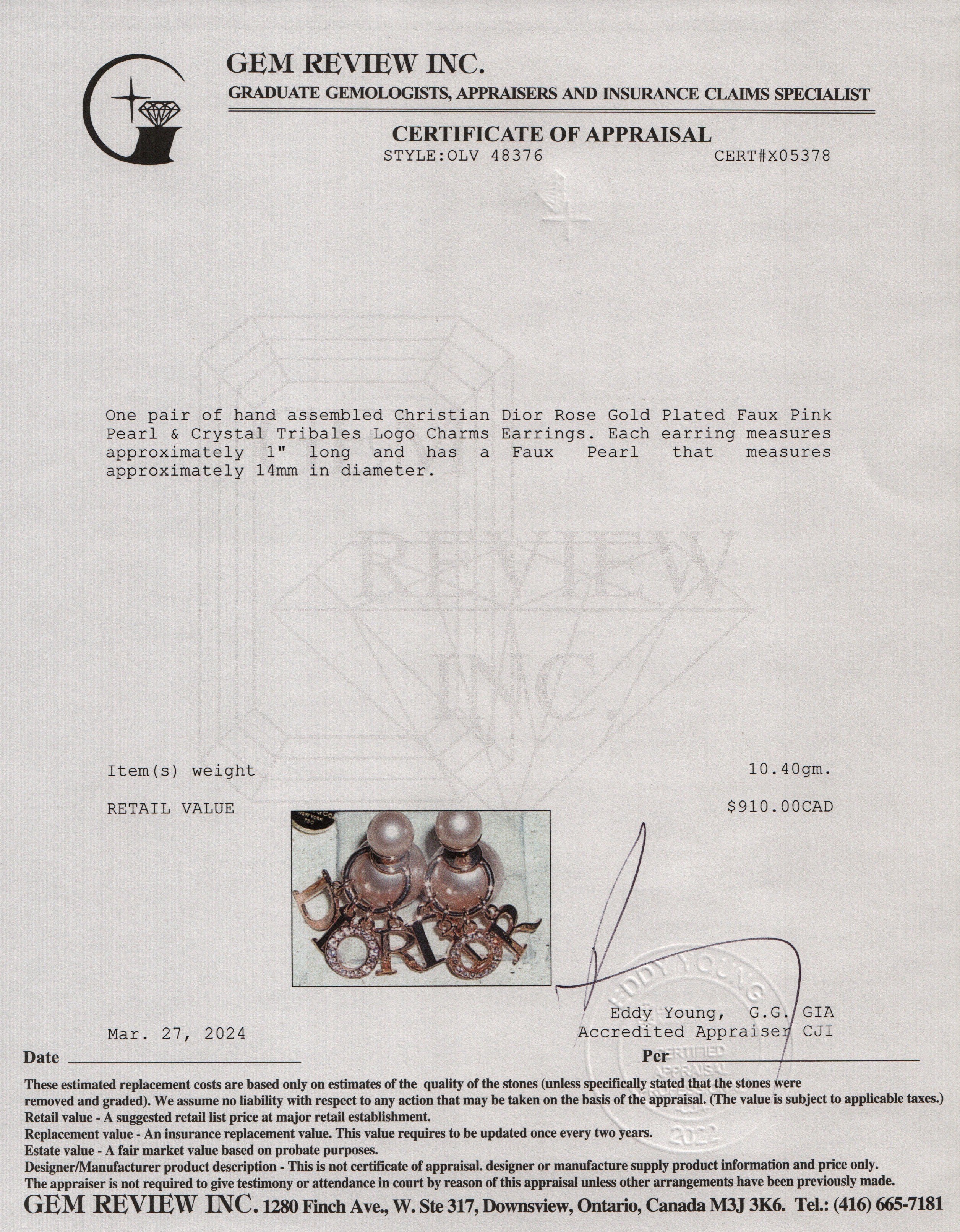 Christian Dior Rose Gold Plated Faux Pink Pearl & Crystal Tribales Logo Charms Earrings