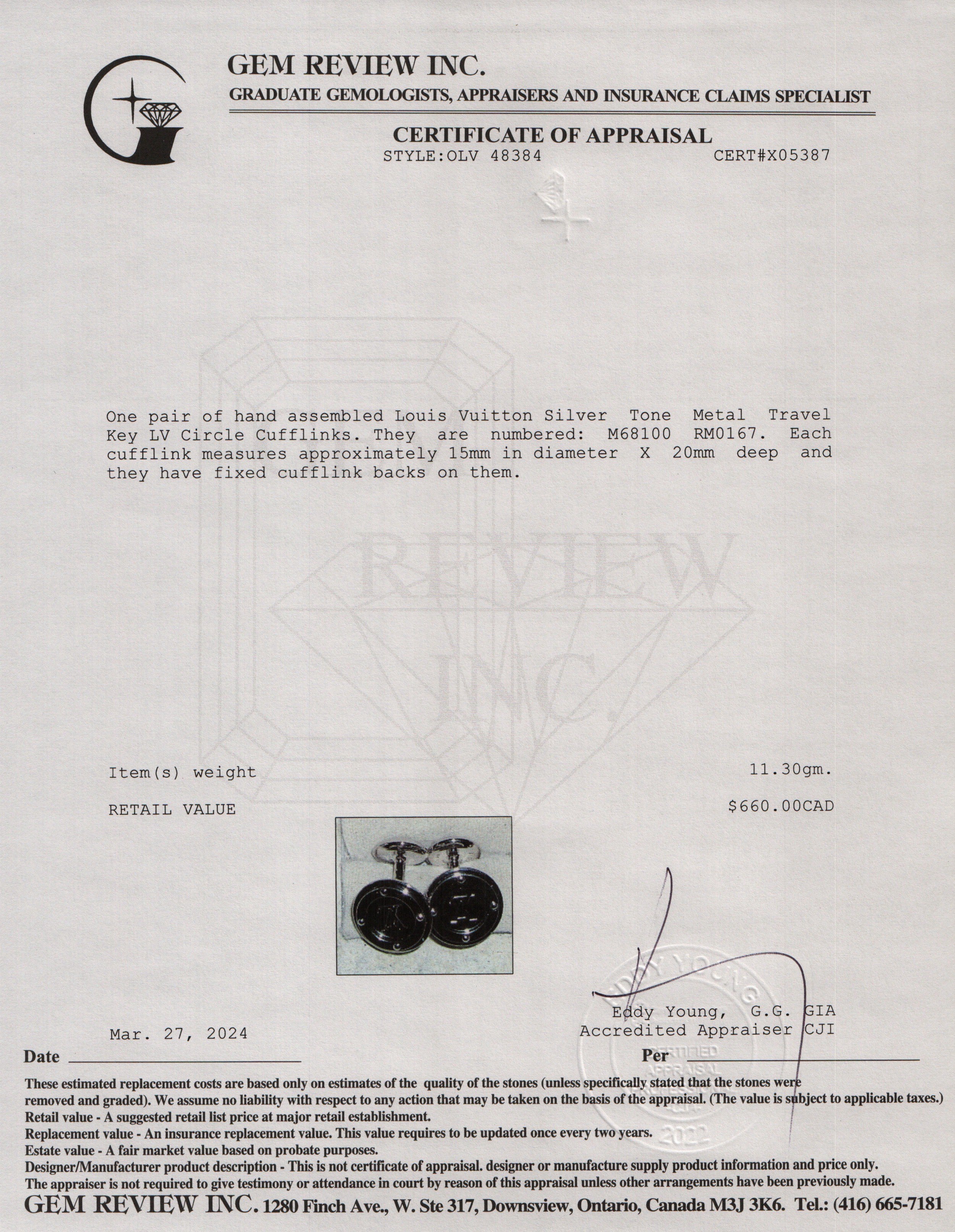 Louis Vuitton Palladium Plated Metal Travel Key LV Circle Cufflinks