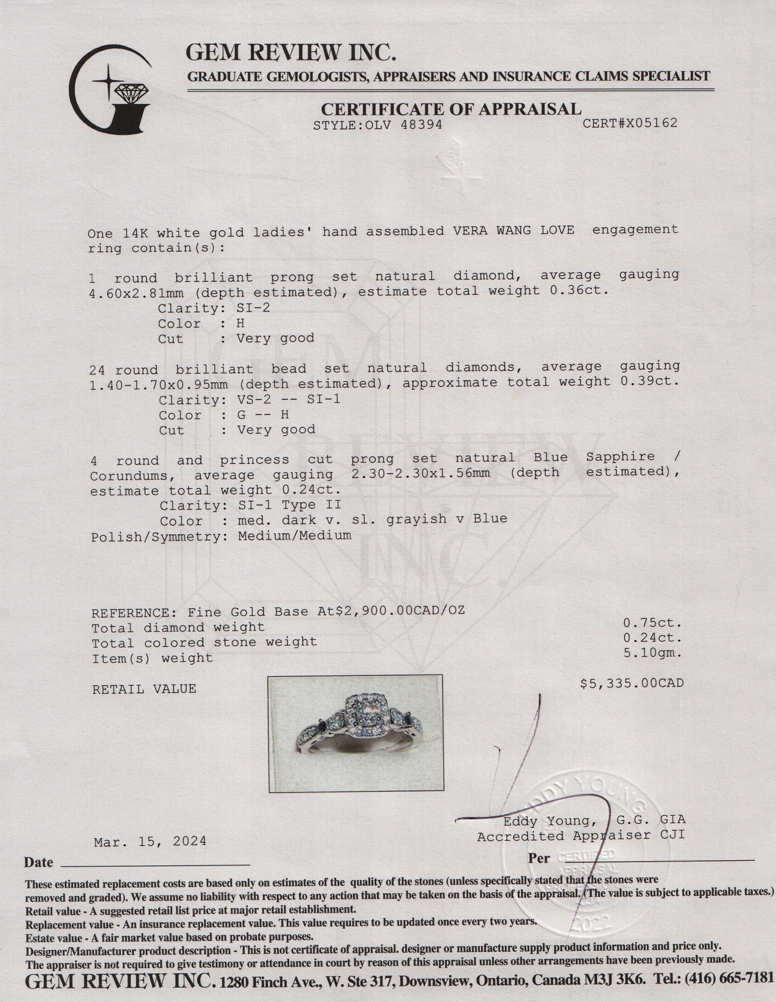 Vera Wang 14k White Gold Love Diamond Engagement Ring, Size 10.5