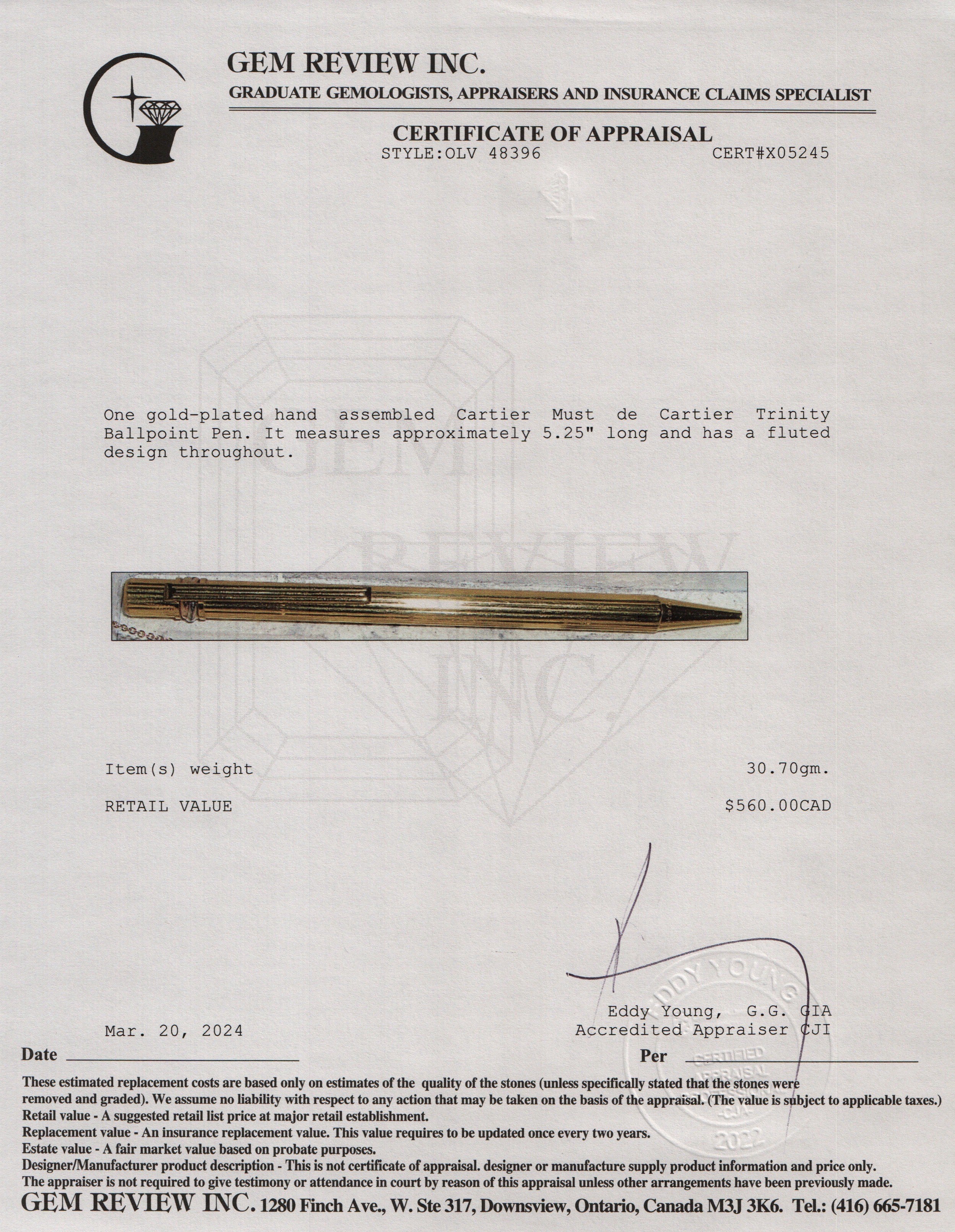 Cartier Gold Plated Must de Cartier Trinity Ballpoint Pen w/ Box & Papers