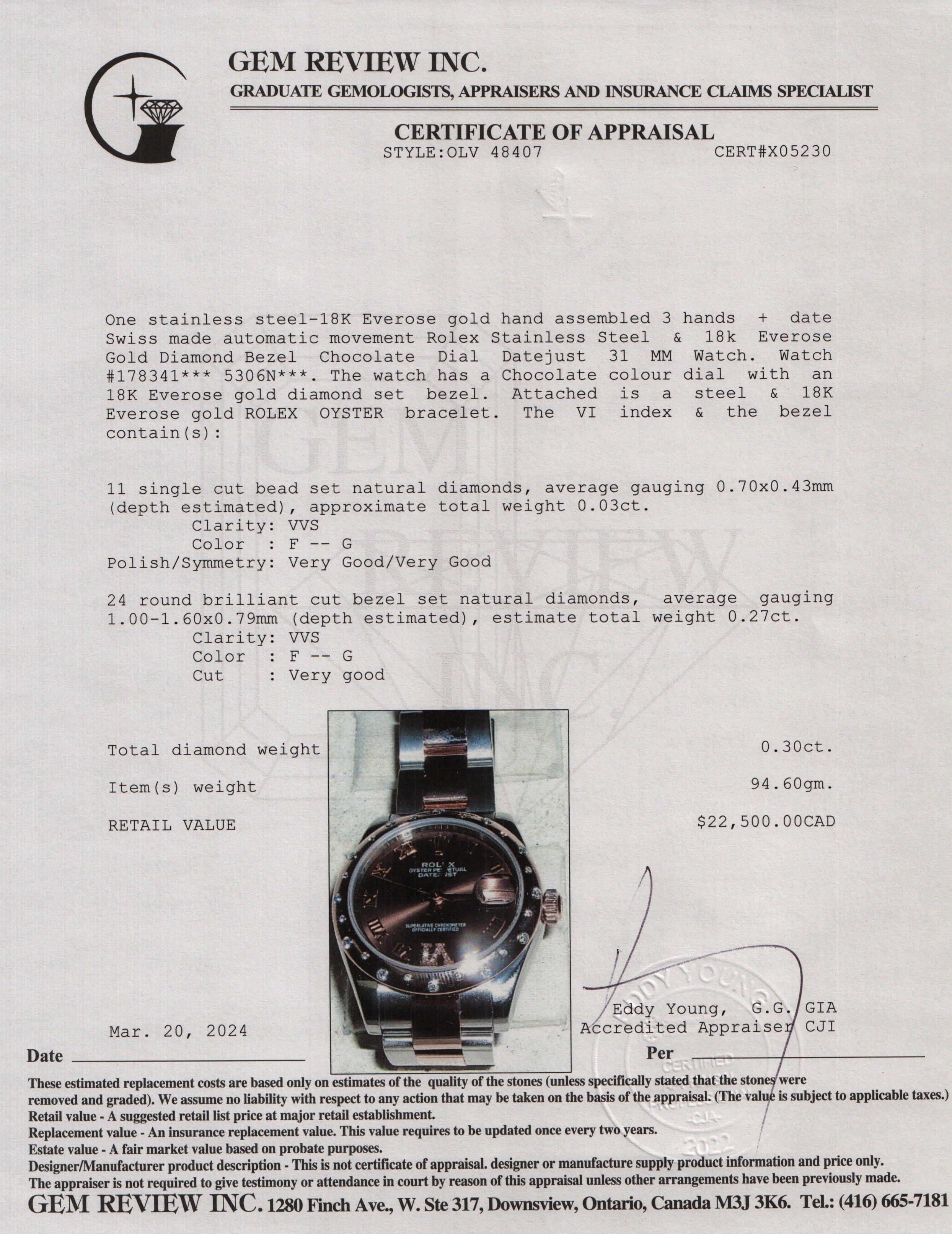 Rolex Stainless Steel & 18k Everose Gold Diamond Bezel Chocolate Dial Datejust 31 MM Watch w/ Box