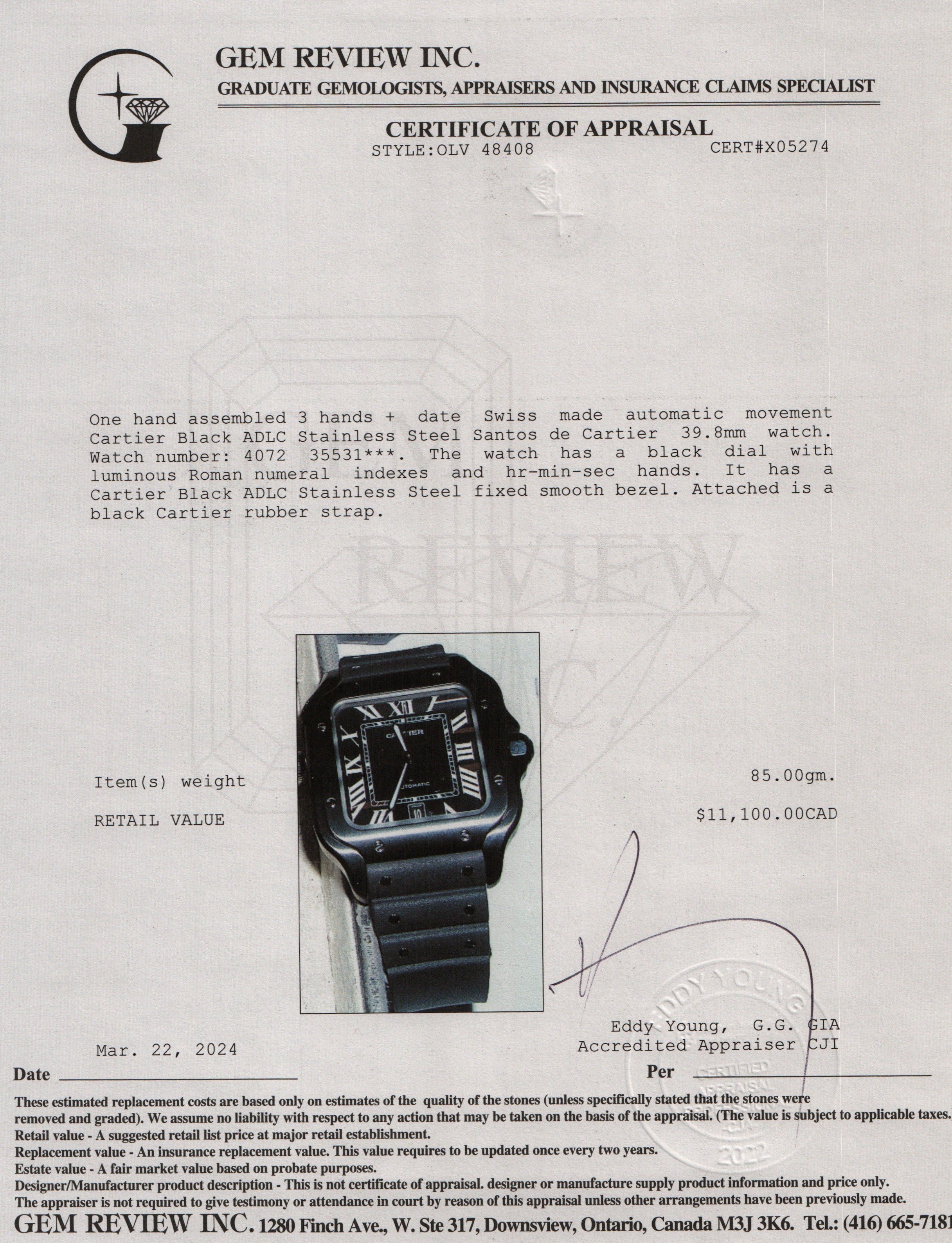 Cartier Black ADLC Stainless Steel Santos de Cartier Automatic Watch, Large Model w/ Box, Papers, Extra Strap