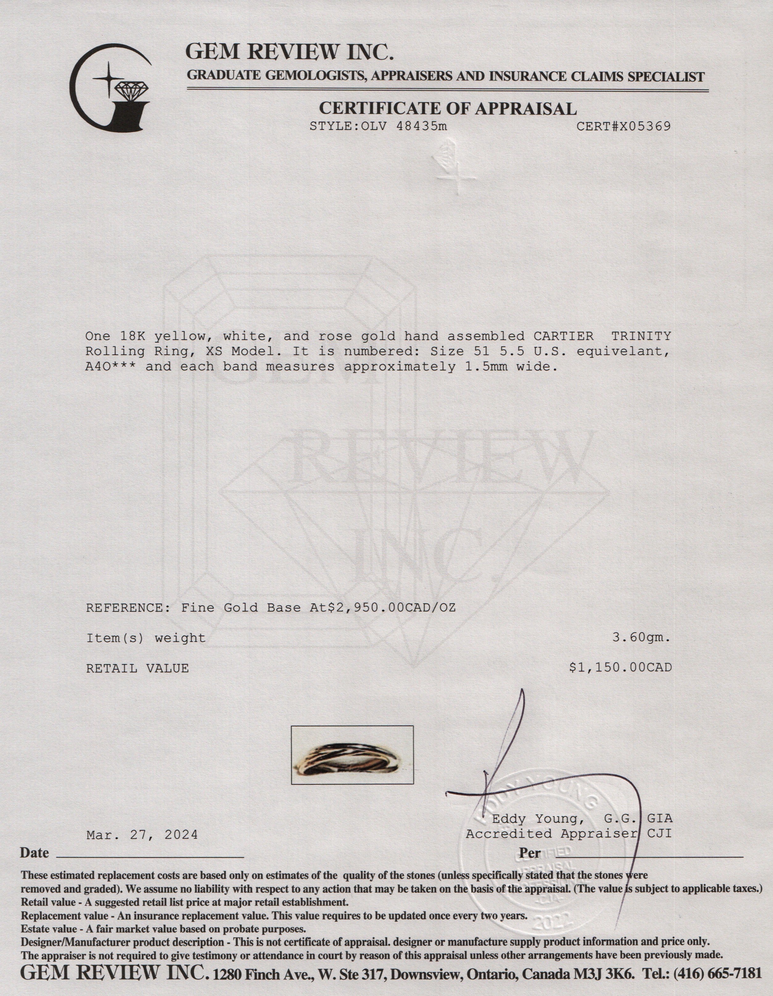 Cartier Trinity Rolling Ring, XS Model, Size 51 5.5