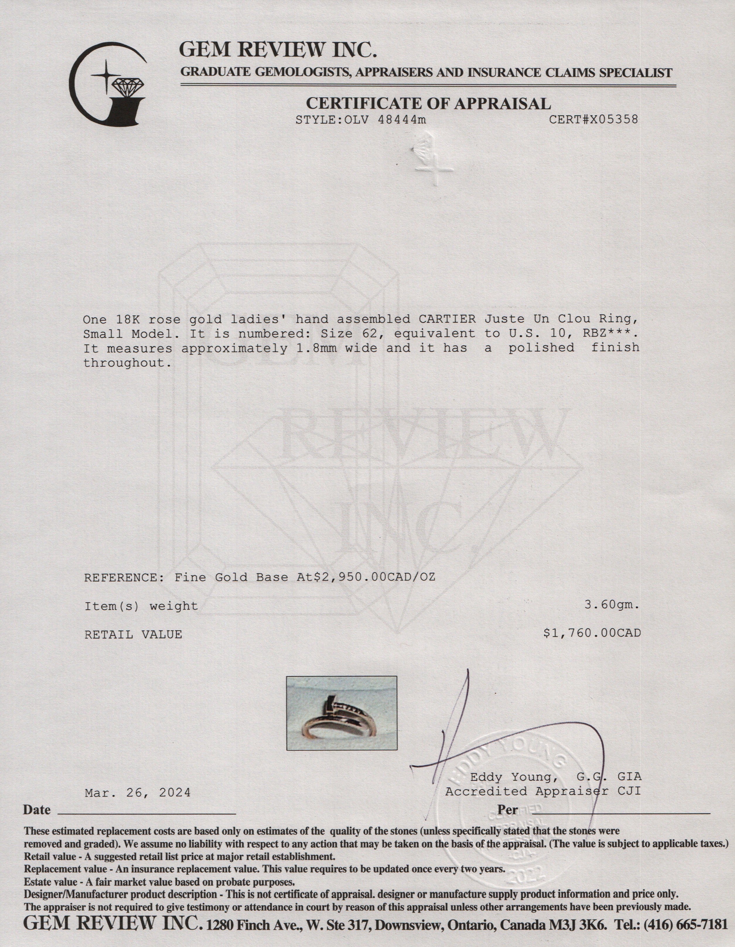 Cartier 2023 18k Rose Gold Juste Un Clou Ring, Small Model, Size 62 10 w/ Box & Certificate