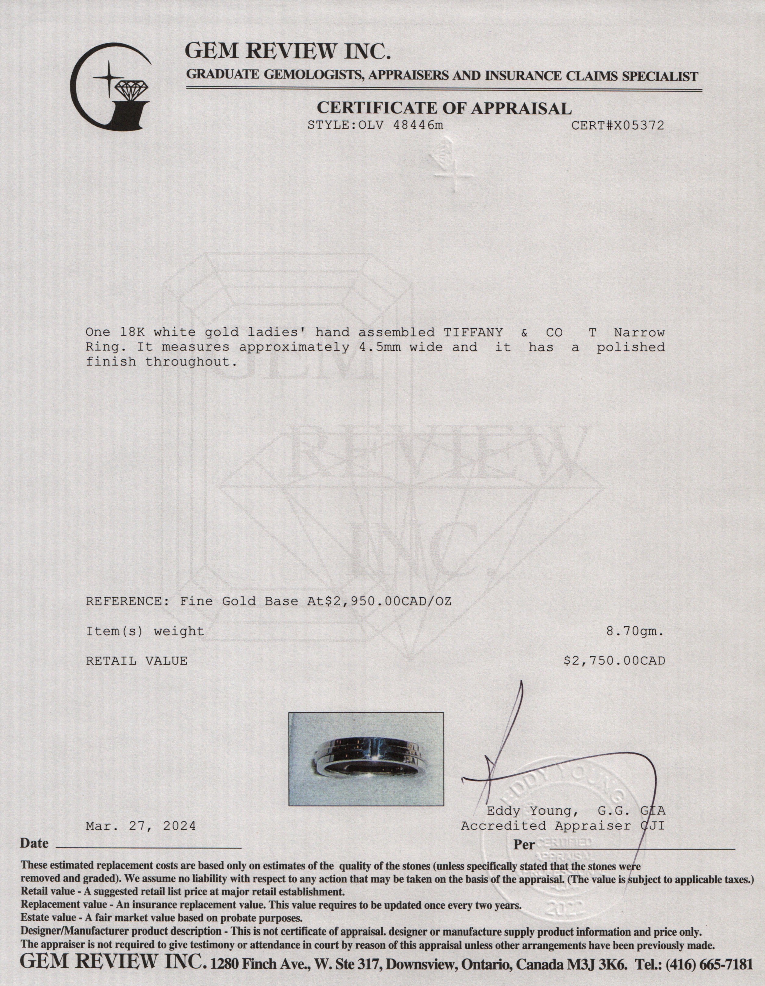 Tiffany & Co. 18k White Gold T Narrow Ring, Size 8.5 w/ Box