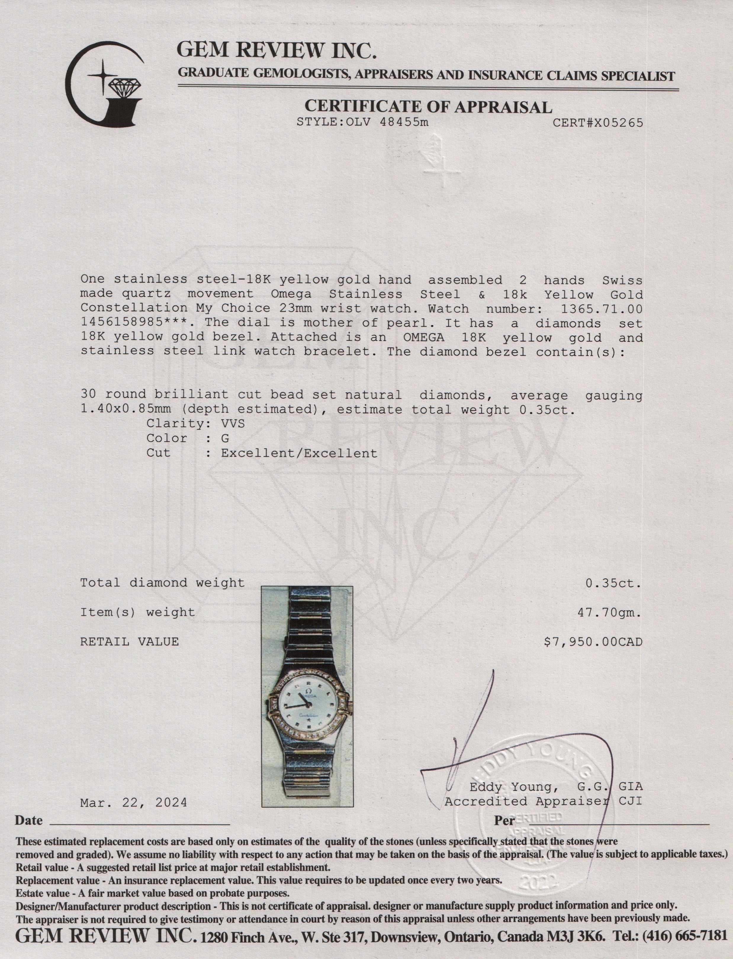 Omega Stainless Steel & 18k Yellow Gold Constellation My Choice 23 MM Diamond Bezel Watch w/ Box & Papers