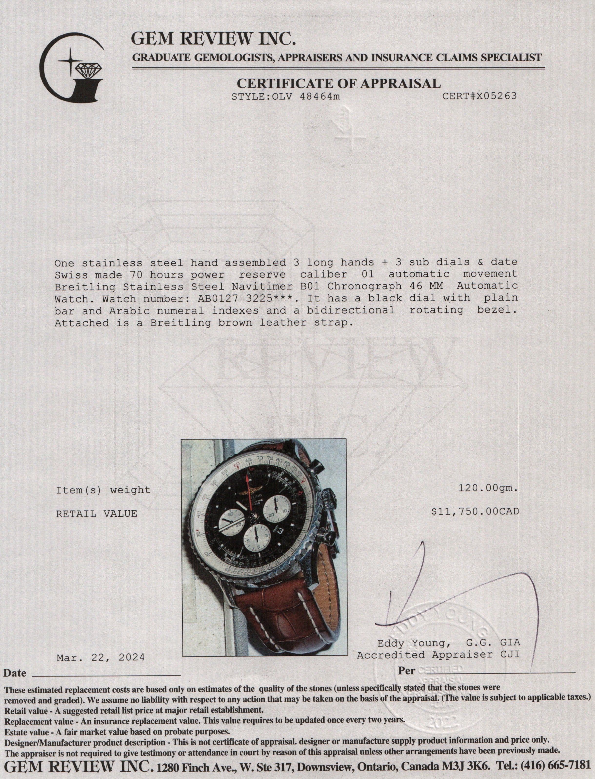 Breitling Stainless Steel Navitimer B01 Chronograph 46 MM Automatic Watch w/ Box & Papers