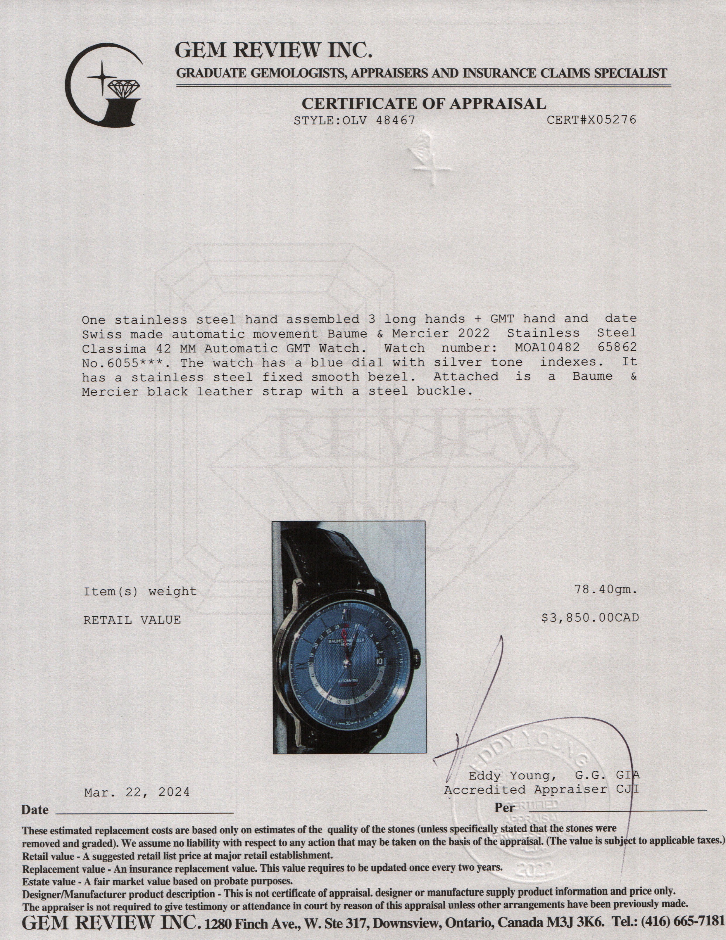 Baume & Mercier 2022 Stainless Steel Classima 42 MM Automatic GMT Watch w/ Box & Papers