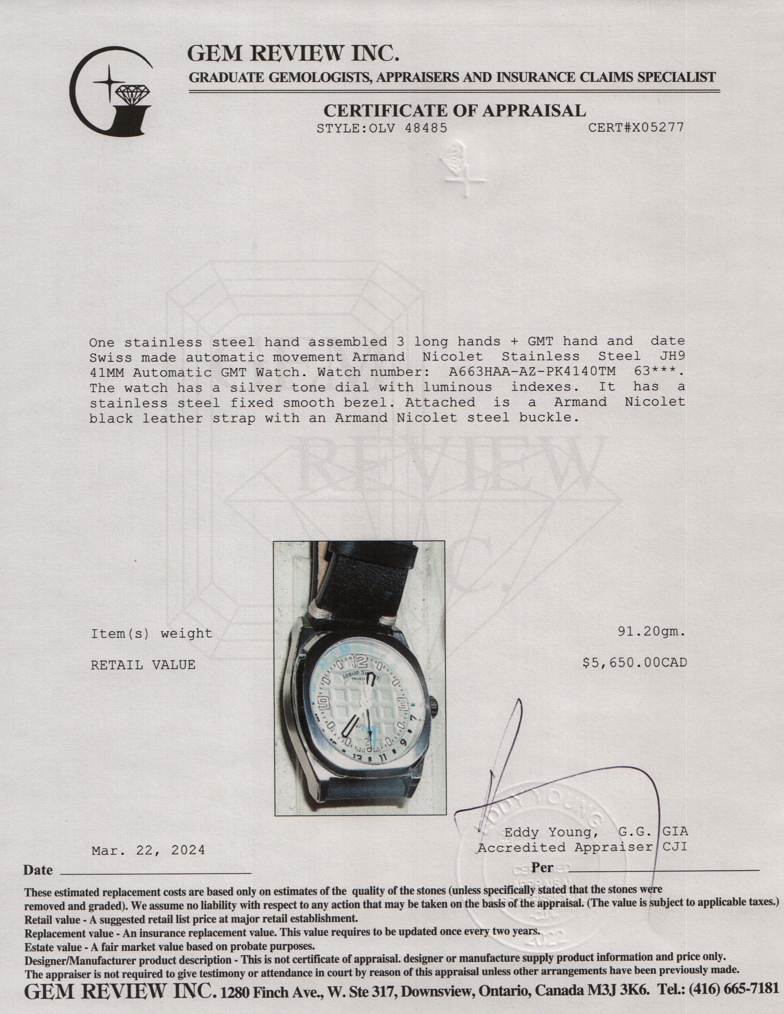 Armand Nicolet Stainless Steel JH9 41MM Automatic GMT Watch w/ Box & Papers