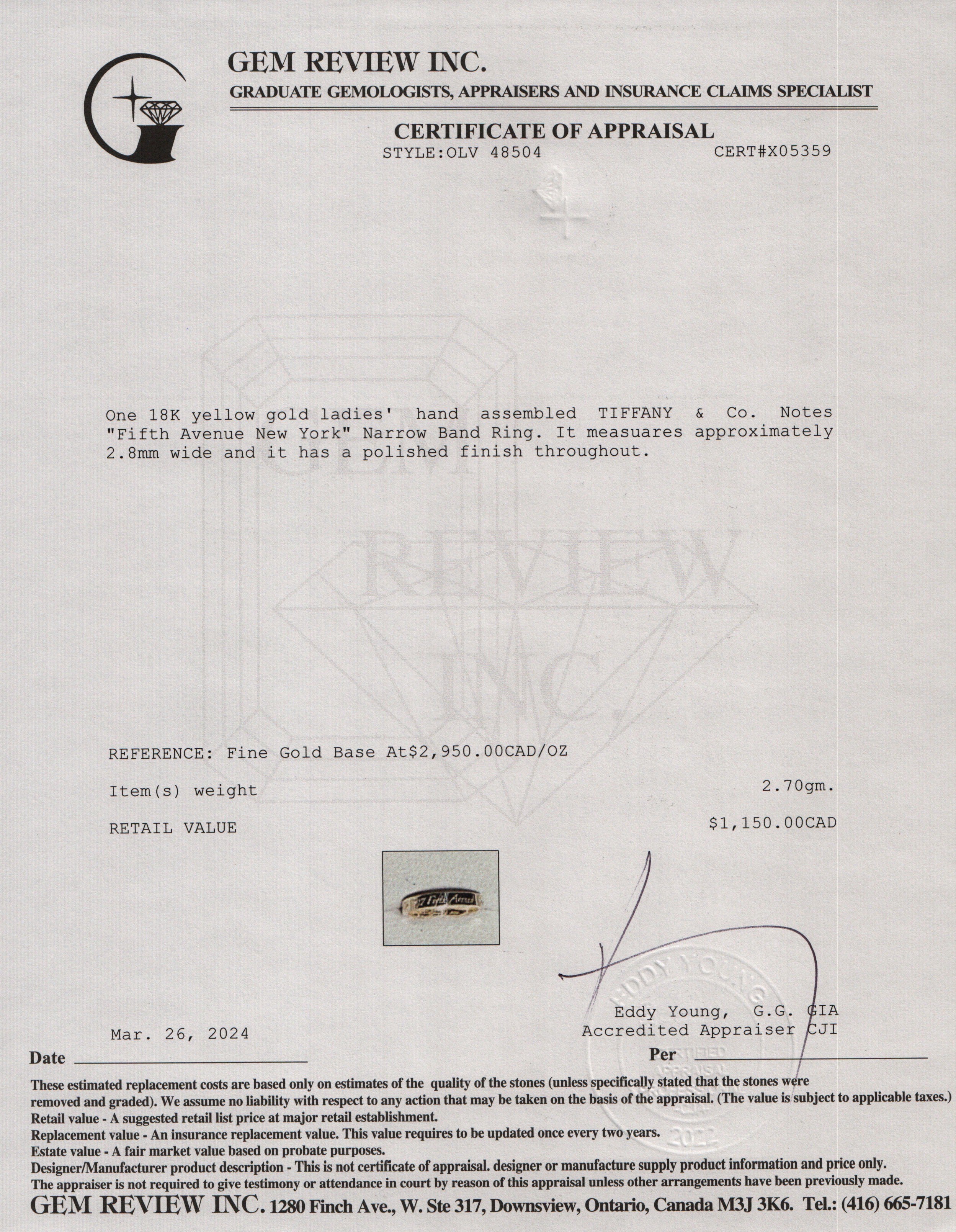 Tiffany & Co. 18k Yellow Gold Notes "Fifth Avenue New York" Narrow Band Ring, Size 5.5