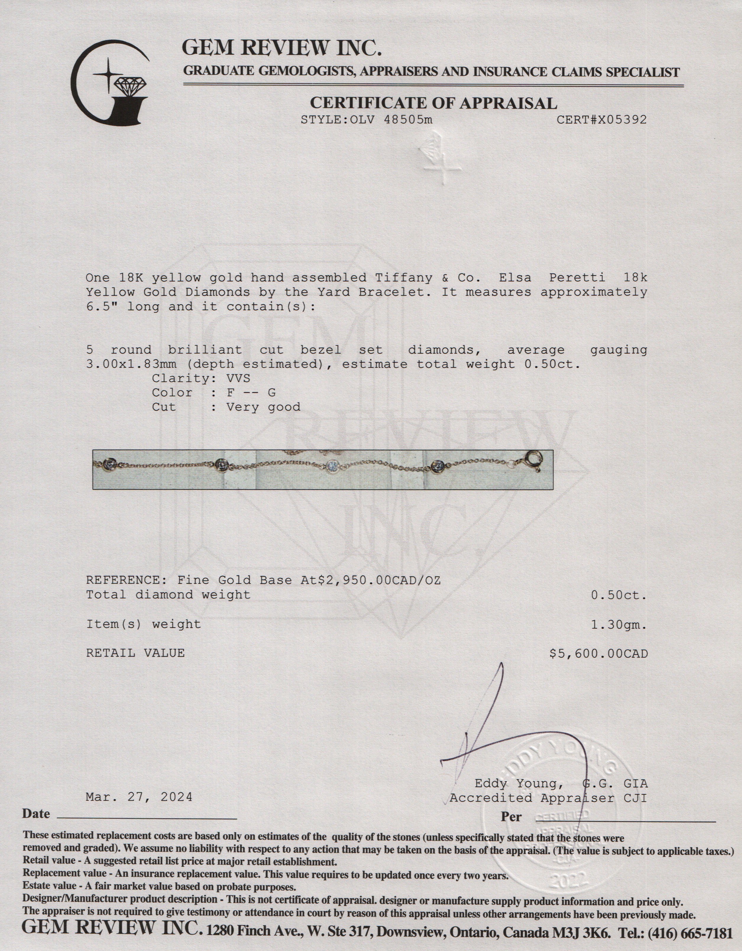 Tiffany & Co. Elsa Peretti 18k Yellow Gold Diamonds by the Yard Bracelet w/ Box