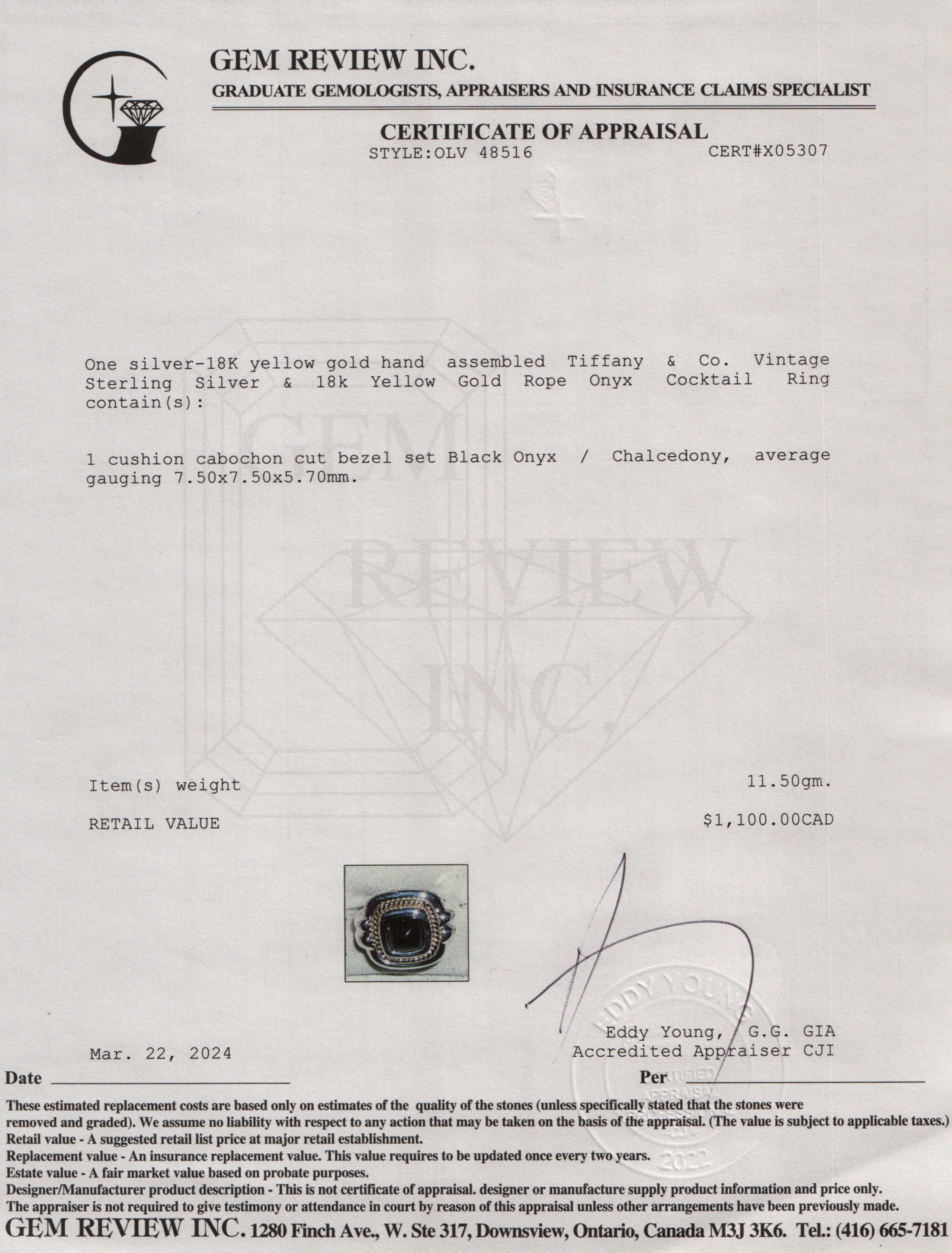 Tiffany & Co. Vintage Sterling Silver & 18k Yellow Gold Rope Onyx Cocktail Ring, Size 4.75 w/ Box