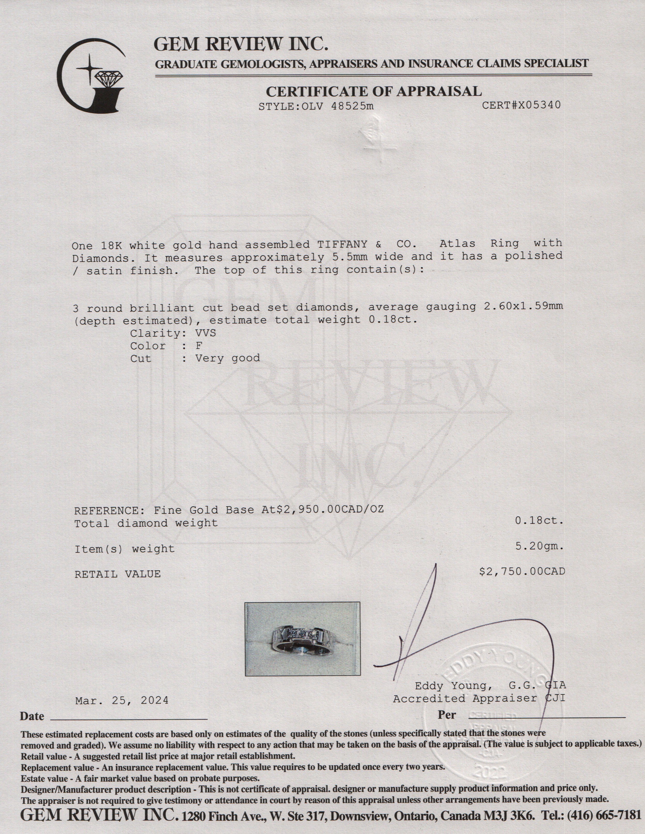 Tiffany & Co. 18k White Gold Atlas Ring with Diamonds, Size 5.5