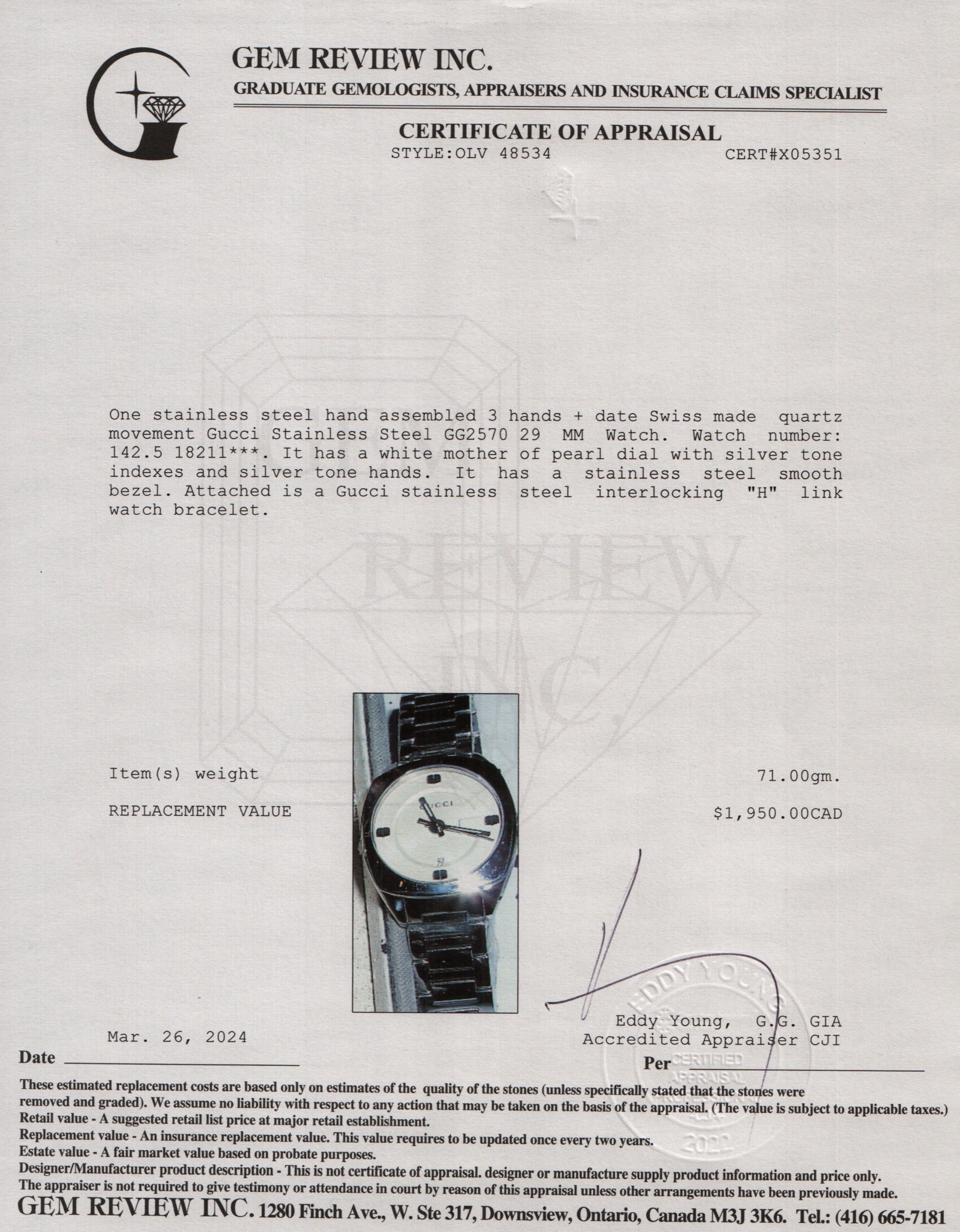 Gucci Stainless Steel GG2570 29 MM Watch w/ Box