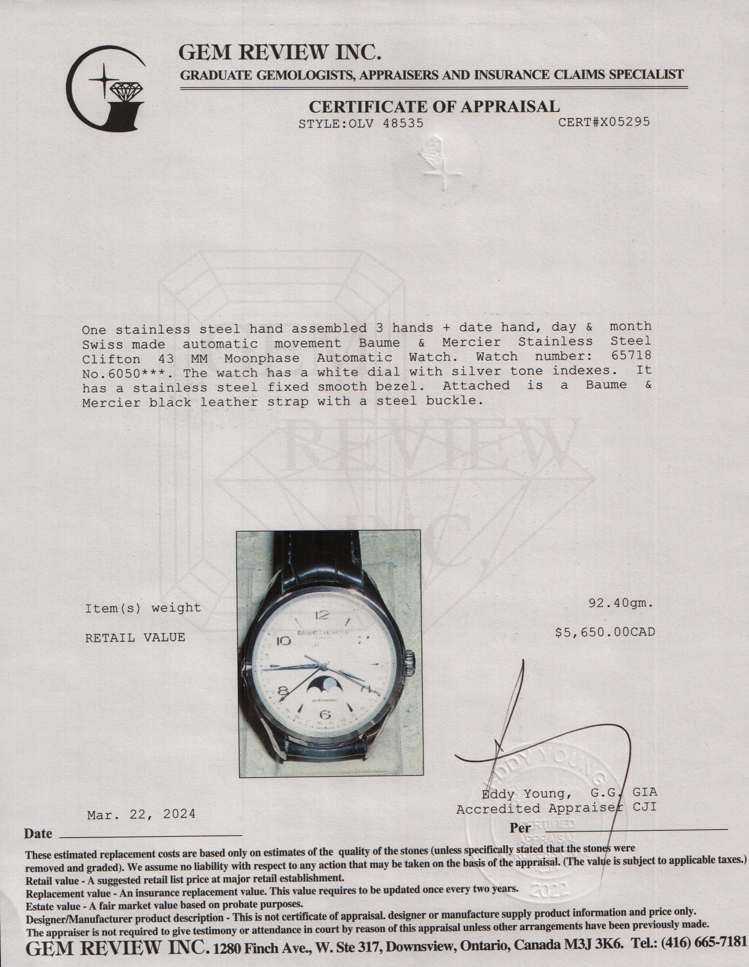 Baume & Mercier Stainless Steel Clifton 43 MM Moonphase Automatic Watch w/ Box & Papers