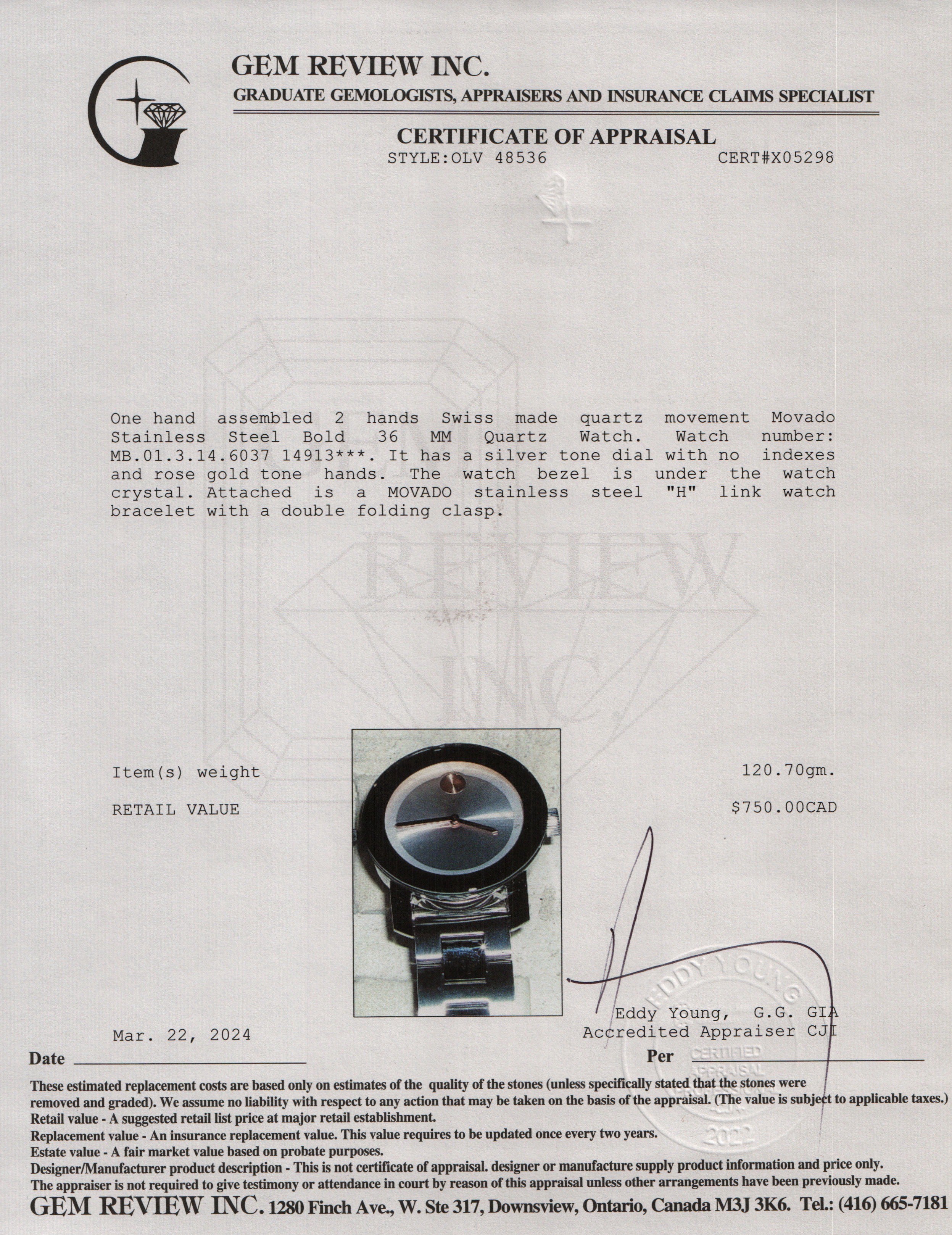 Movado Stainless Steel Bold 36 MM Quartz Watch w/ Box & Papers