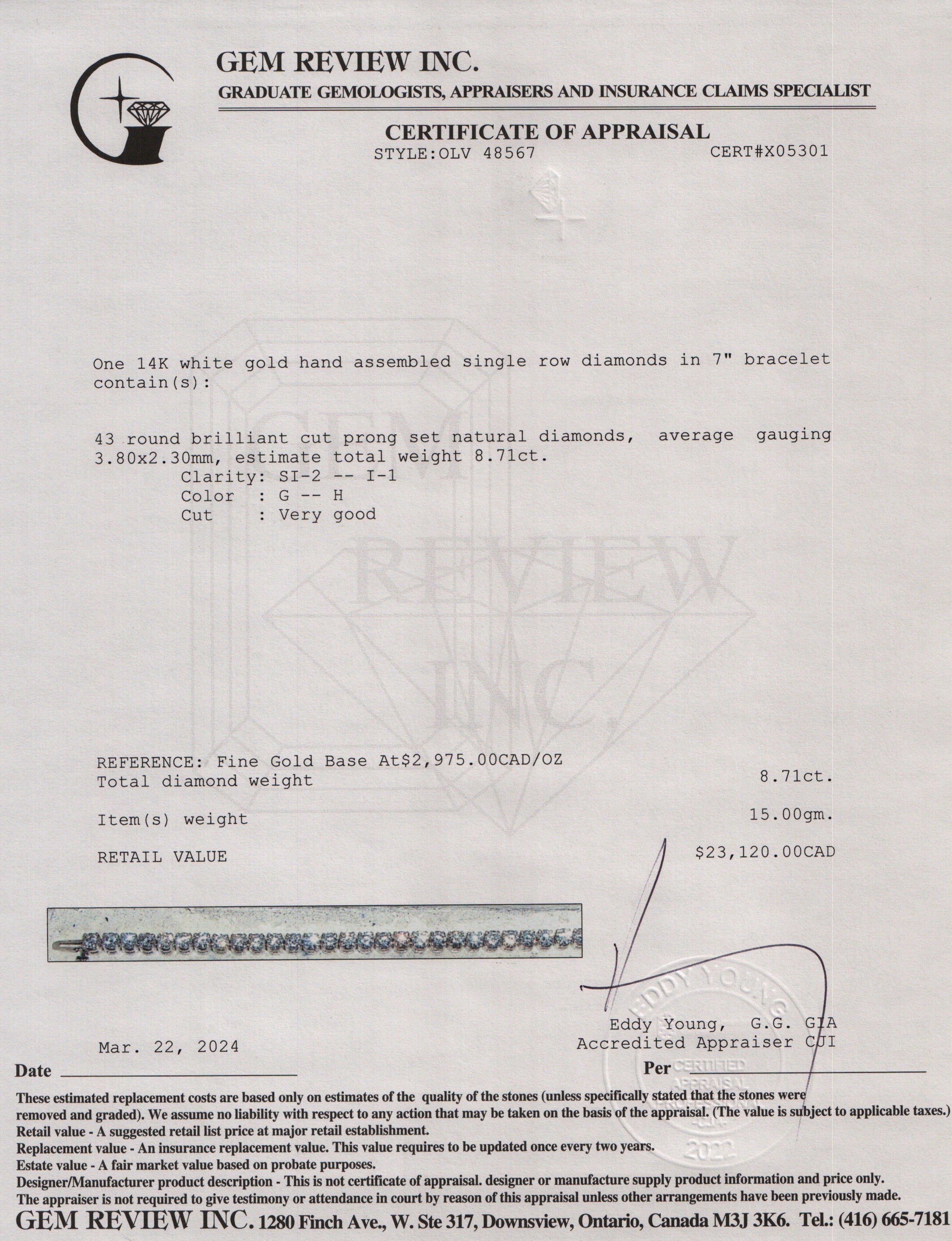 14k White Gold 8.71 tcw. Diamond Tennis Bracelet