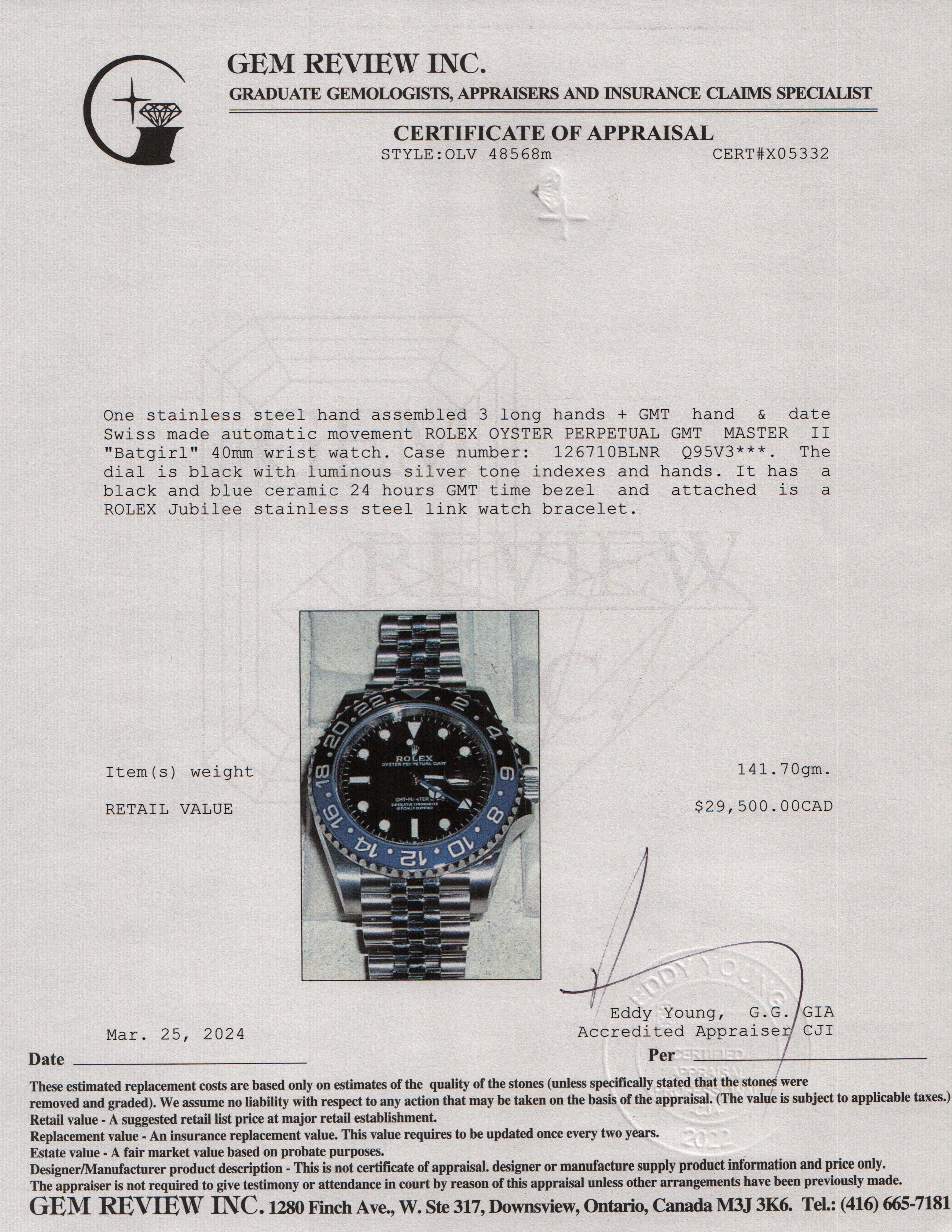 Rolex Stainless Steel GMT-Master II "Batgirl" 40 MM Watch w/ Box & Papers